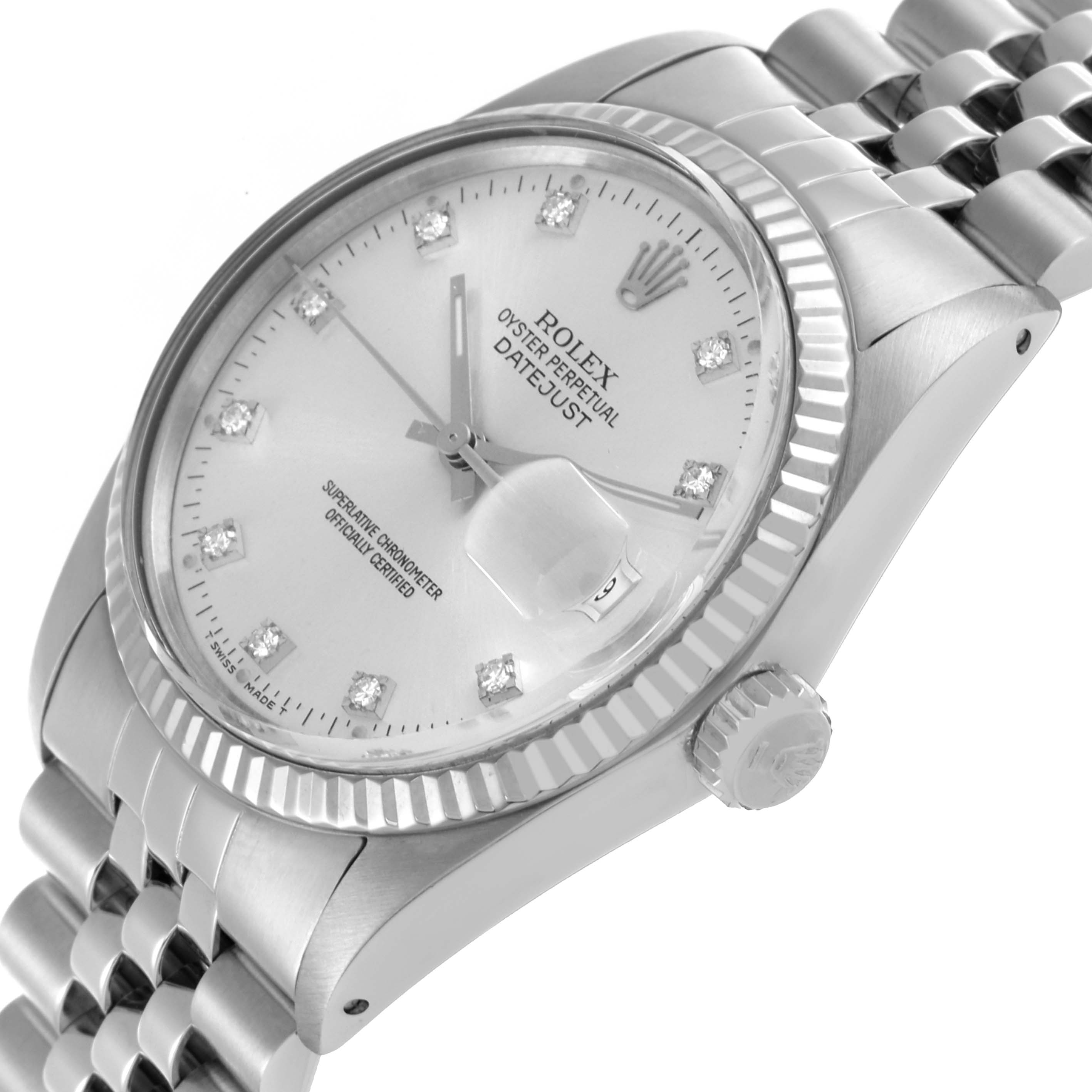 The Rolex Datejust 16014 Men
s Stainless Steel Silver Dial 16014 Men
s Stainless Steel Silver Dial watch is shown from the front-side angle, highlighting its dial, bezel, crown, and bracelet.