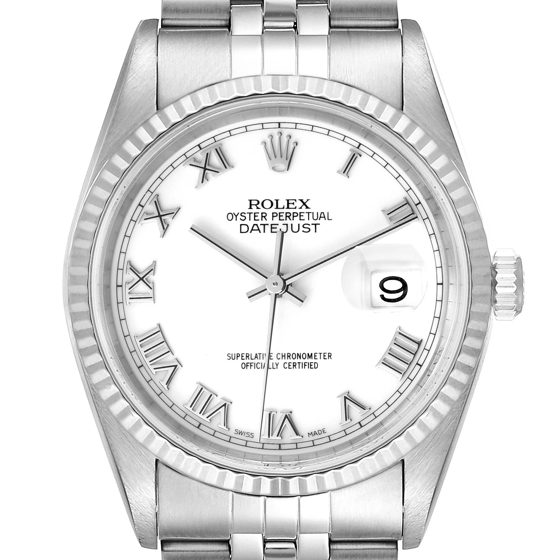 The image shows a frontal view of a Rolex Datejust 16234 Men's Stainless Steel White Dial 16234 Men's Stainless Steel White Dial watch, displaying the dial, hands, crown, and bracelet.