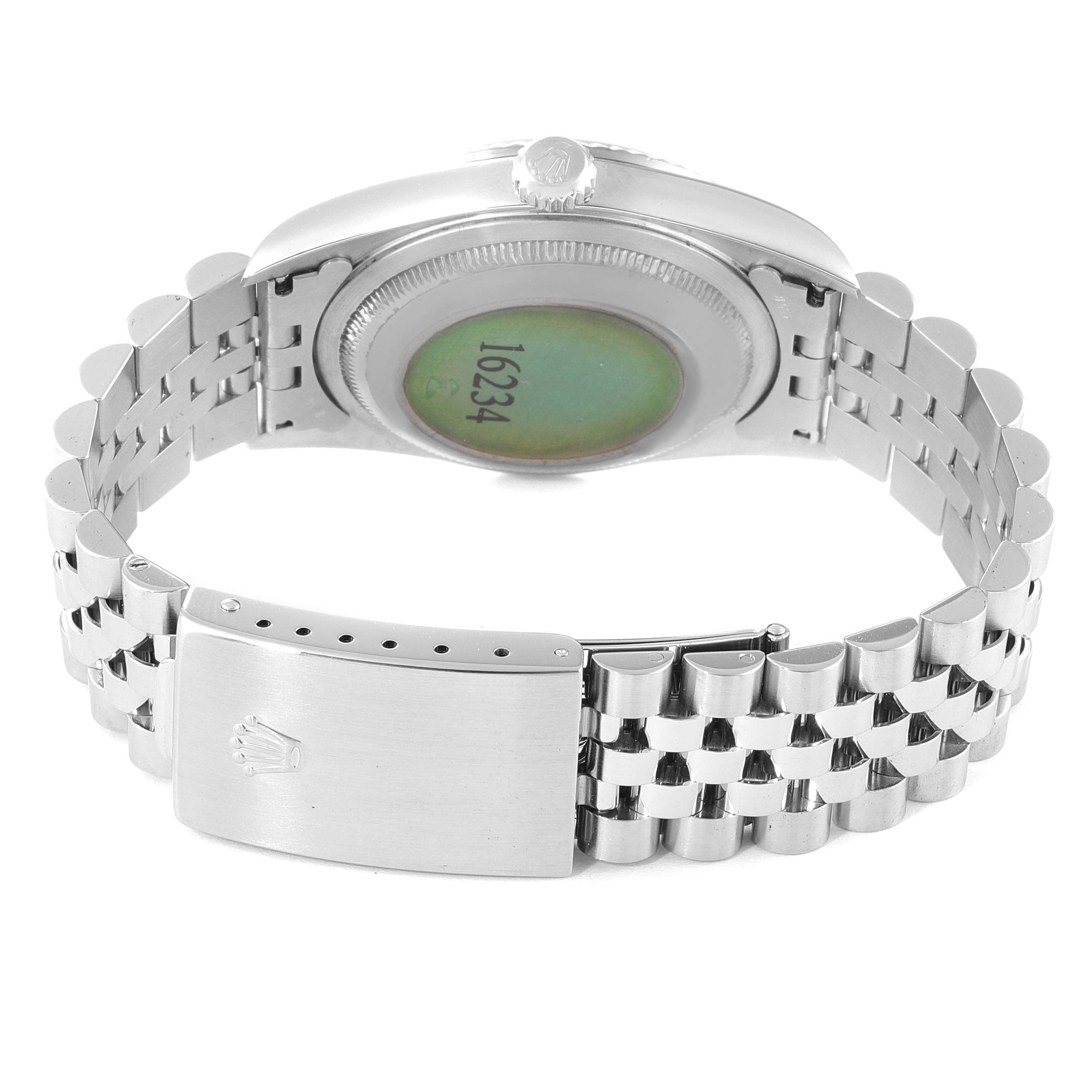 The image shows the back view of a Rolex Datejust 16234 Men's Stainless Steel White Dial 16234 Men's Stainless Steel White Dial watch, highlighting the bracelet and clasp.