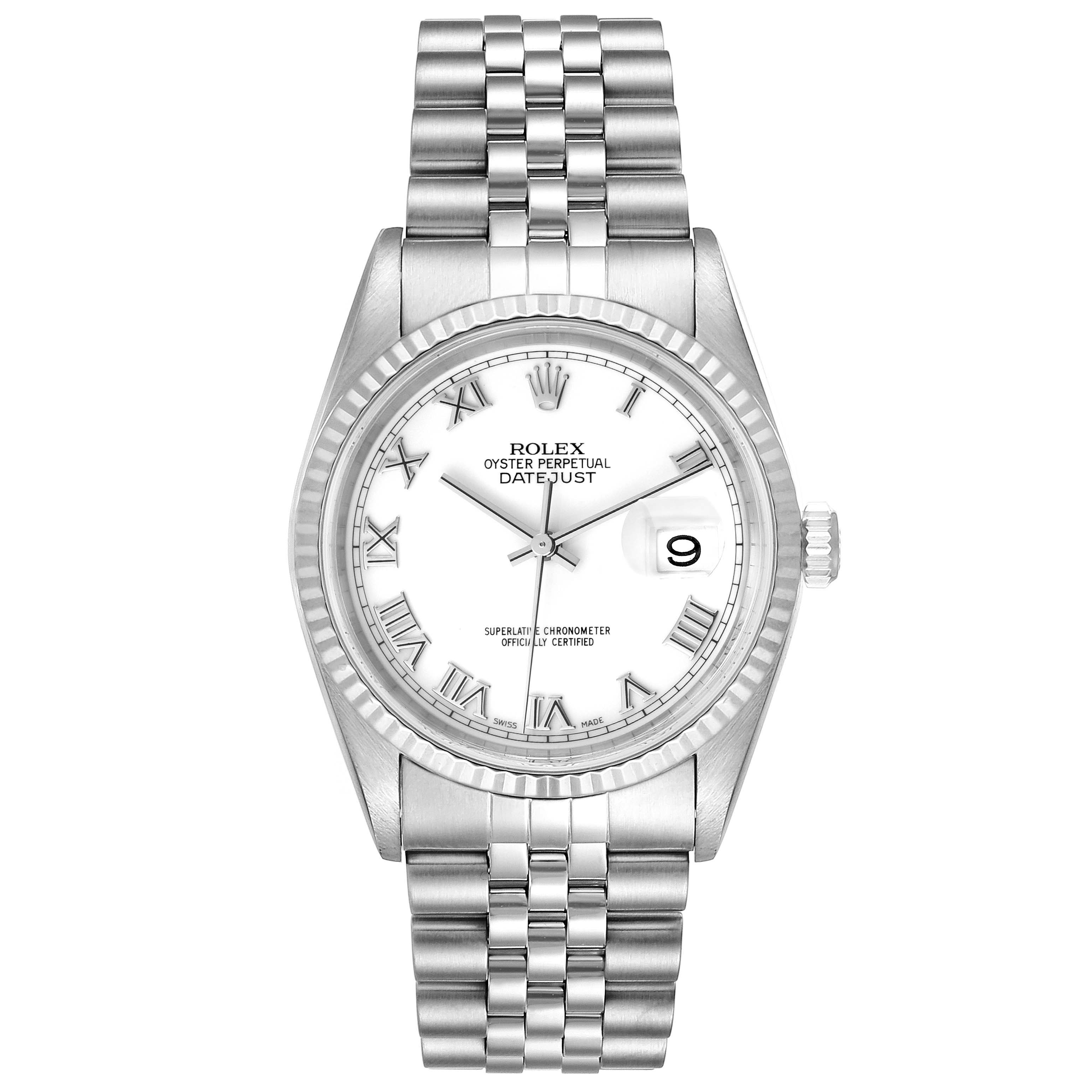 This image shows a frontal view of the Rolex Datejust 16234 Men's Stainless Steel White Dial 16234 Men's Stainless Steel White Dial watch, displaying the face, bezel, and bracelet.
