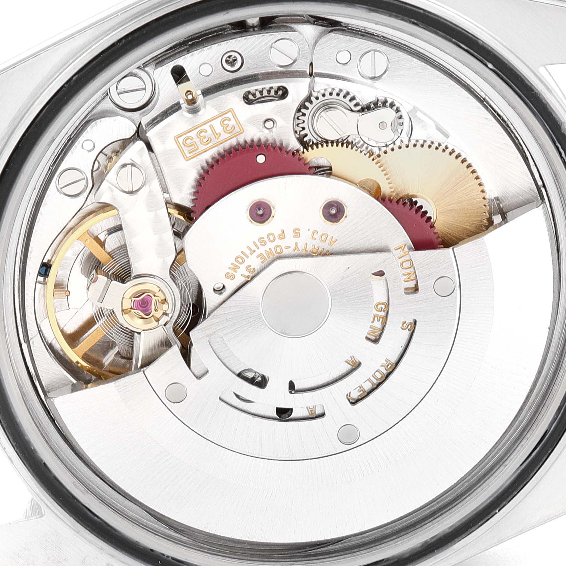 This image shows a close-up view of the movement and internal components of a Rolex Datejust 16234 Men's Stainless Steel White Dial 16234 Men's Stainless Steel White Dial watch.