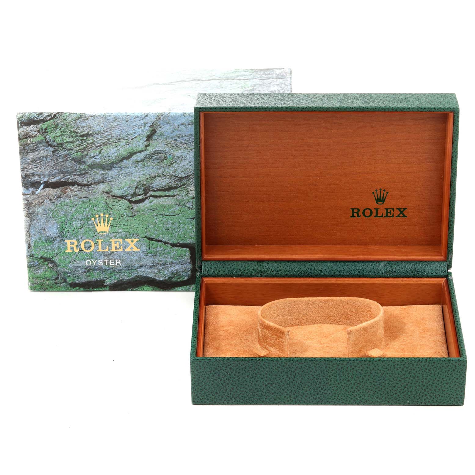 The image shows an open green Rolex box for the Datejust model with text on the inside and outside, and a cushion inside.