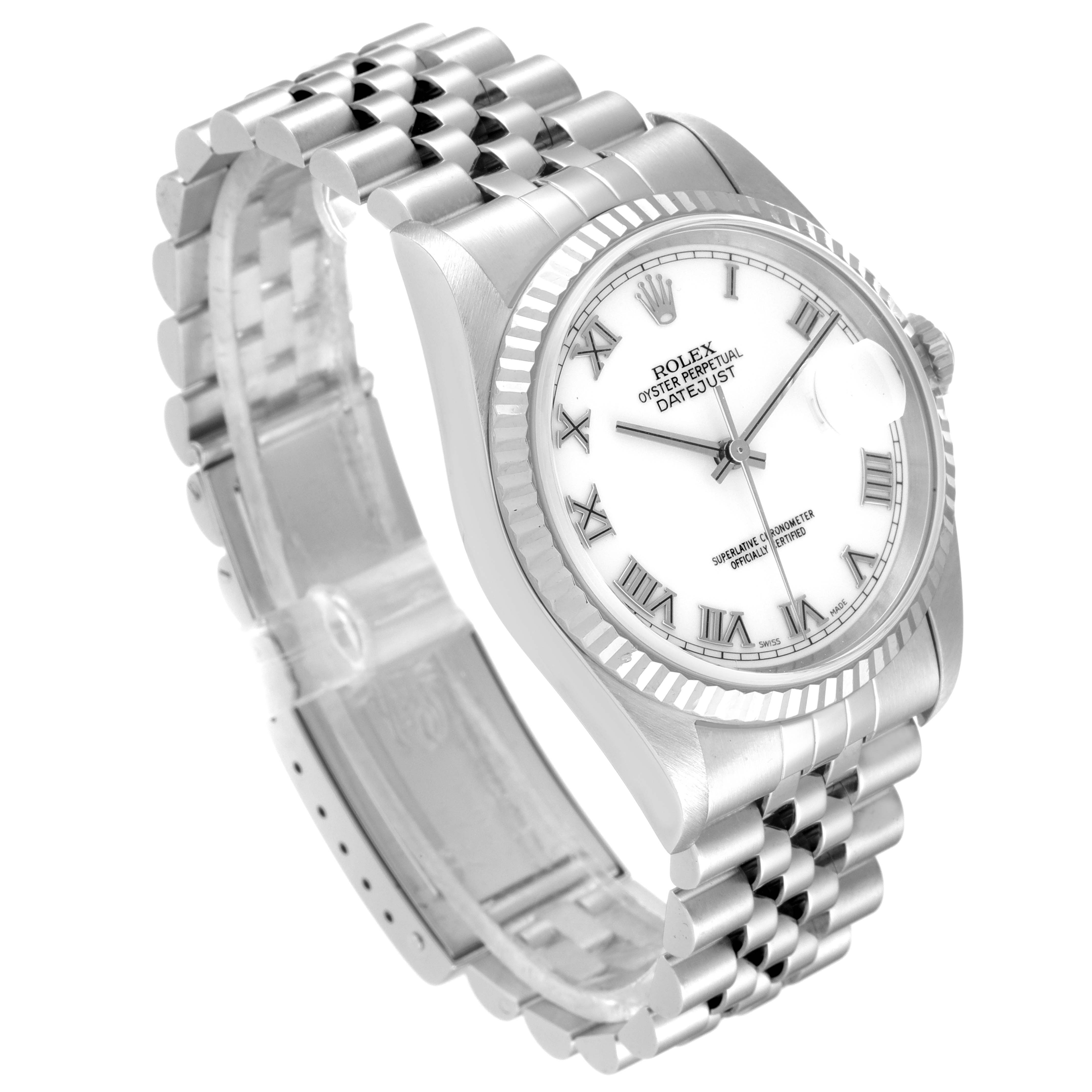 This Rolex Datejust 16234 Men's Stainless Steel White Dial 16234 Men's Stainless Steel White Dial watch is shown at a slight angle, displaying its face, fluted bezel, crown, and Jubilee bracelet.