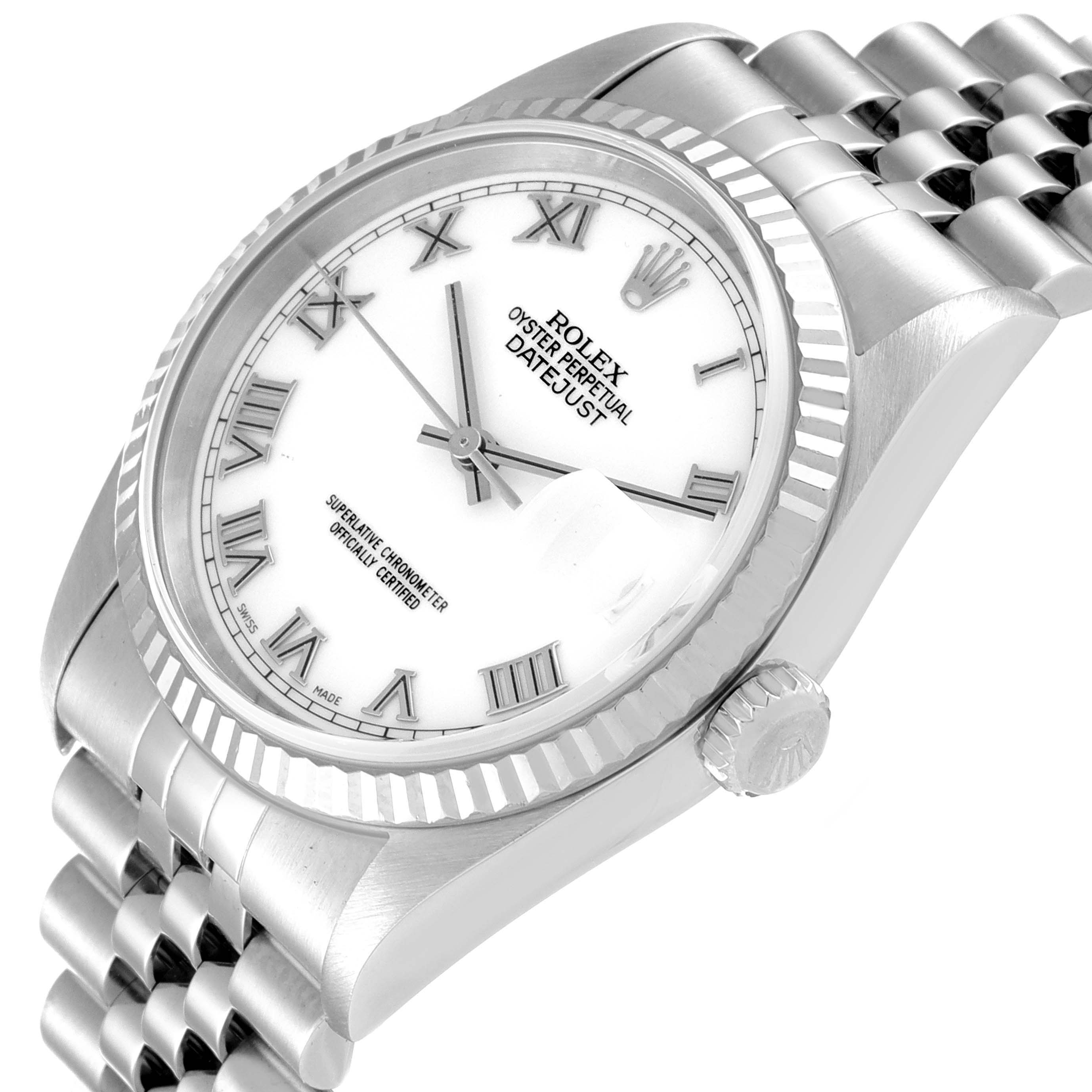 The Rolex Datejust 16234 Men's Stainless Steel White Dial 16234 Men's Stainless Steel White Dial watch is shown from a slightly tilted angle, highlighting the face, bezel, crown, and part of the bracelet.