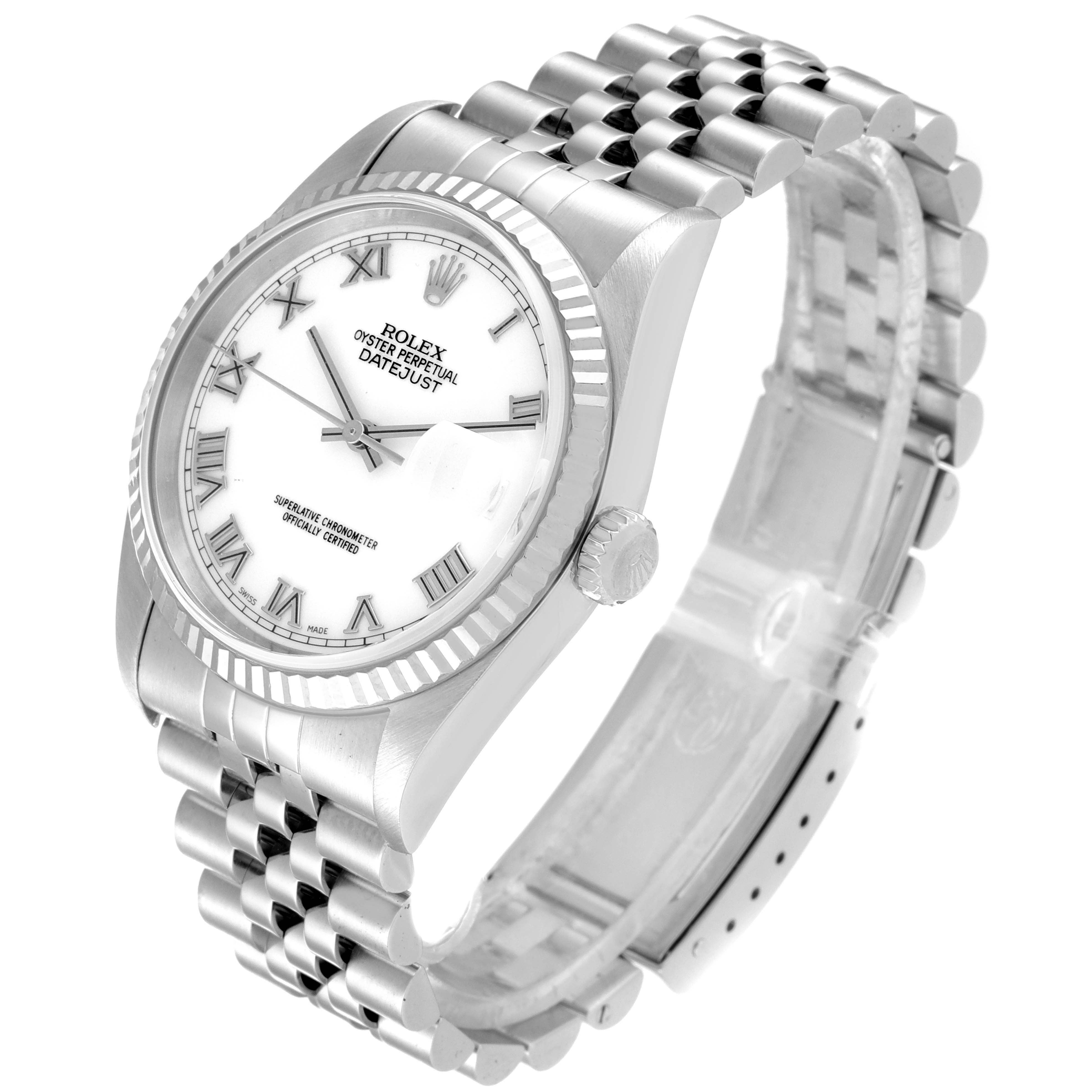 This image shows a Rolex Datejust 16234 Men's Stainless Steel White Dial 16234 Men's Stainless Steel White Dial watch from a front-side angle, highlighting its face, crown, bezel, and bracelet.