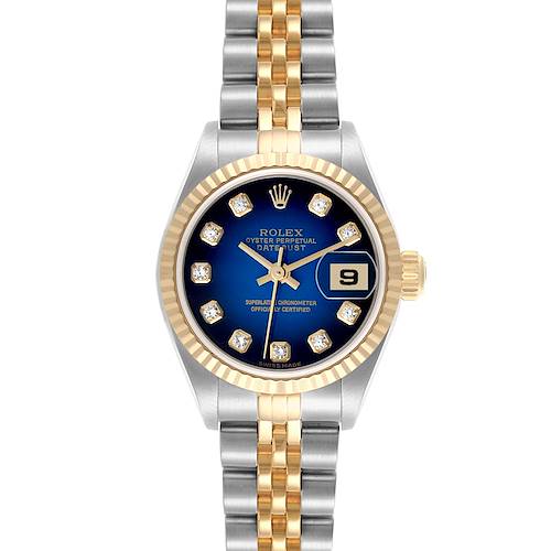 The Rolex Datejust watch is shown from the front, highlighting the blue dial, gold bezel, jubilee bracelet, and date display.