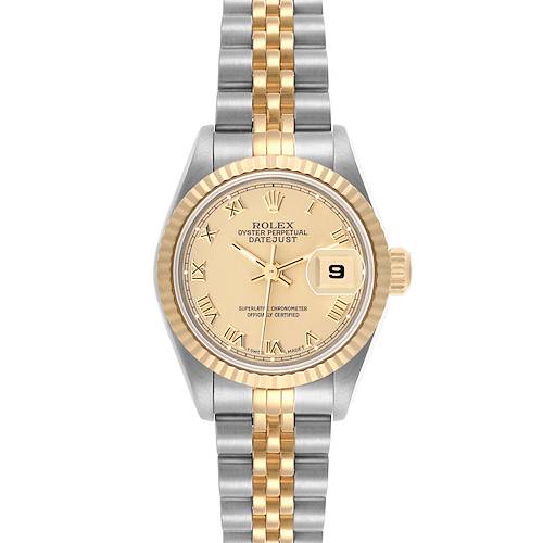 The Rolex Datejust watch is shown from a front view, displaying the dial, bezel, bracelet, and date feature.