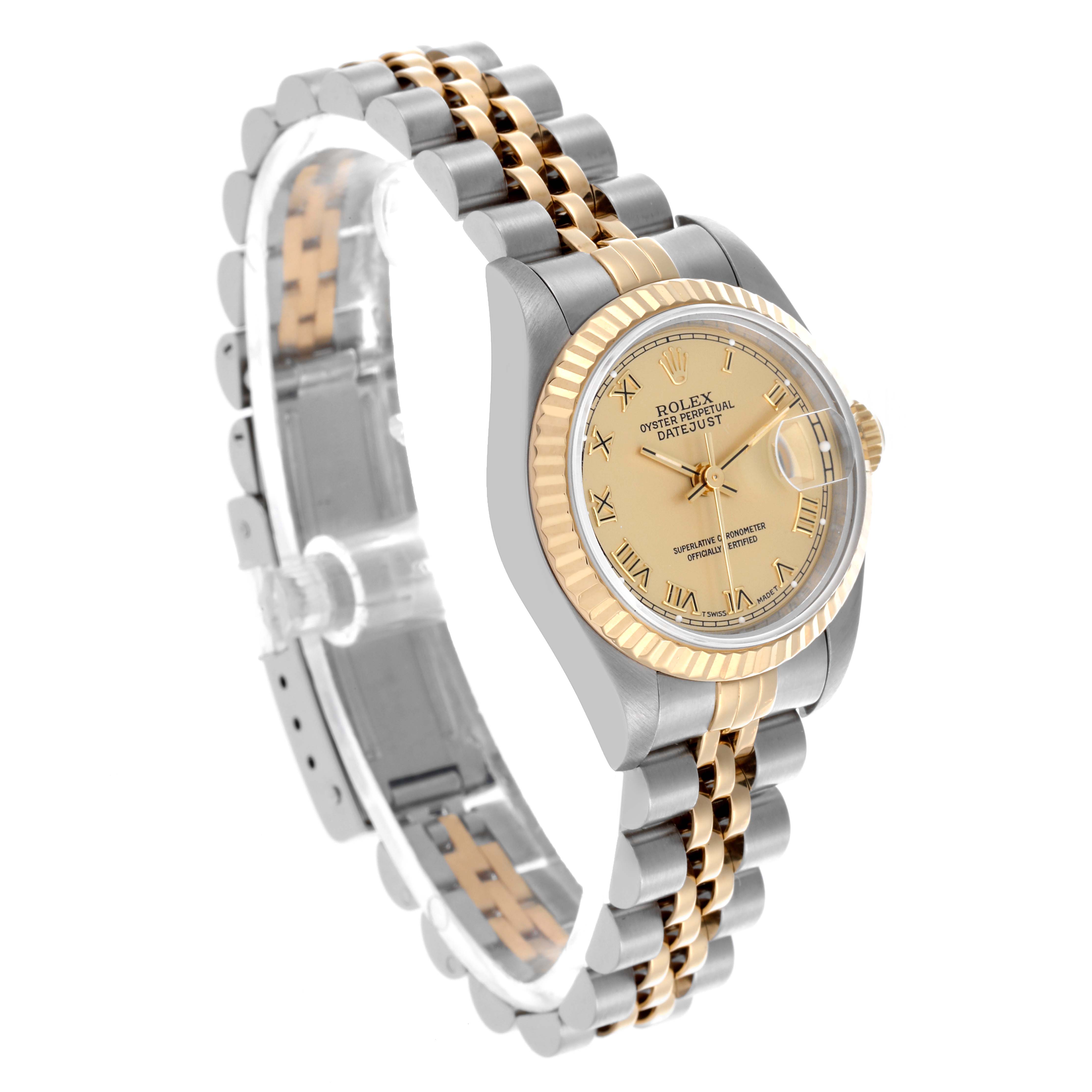 The Rolex Datejust 69173 Women's Steel and Gold (two tone) Champagne Dial 69173 Women's Steel and Gold (two tone) Champagne Dial is shown from an angled perspective, highlighting the dial, bezel, case, and two-tone bracelet.