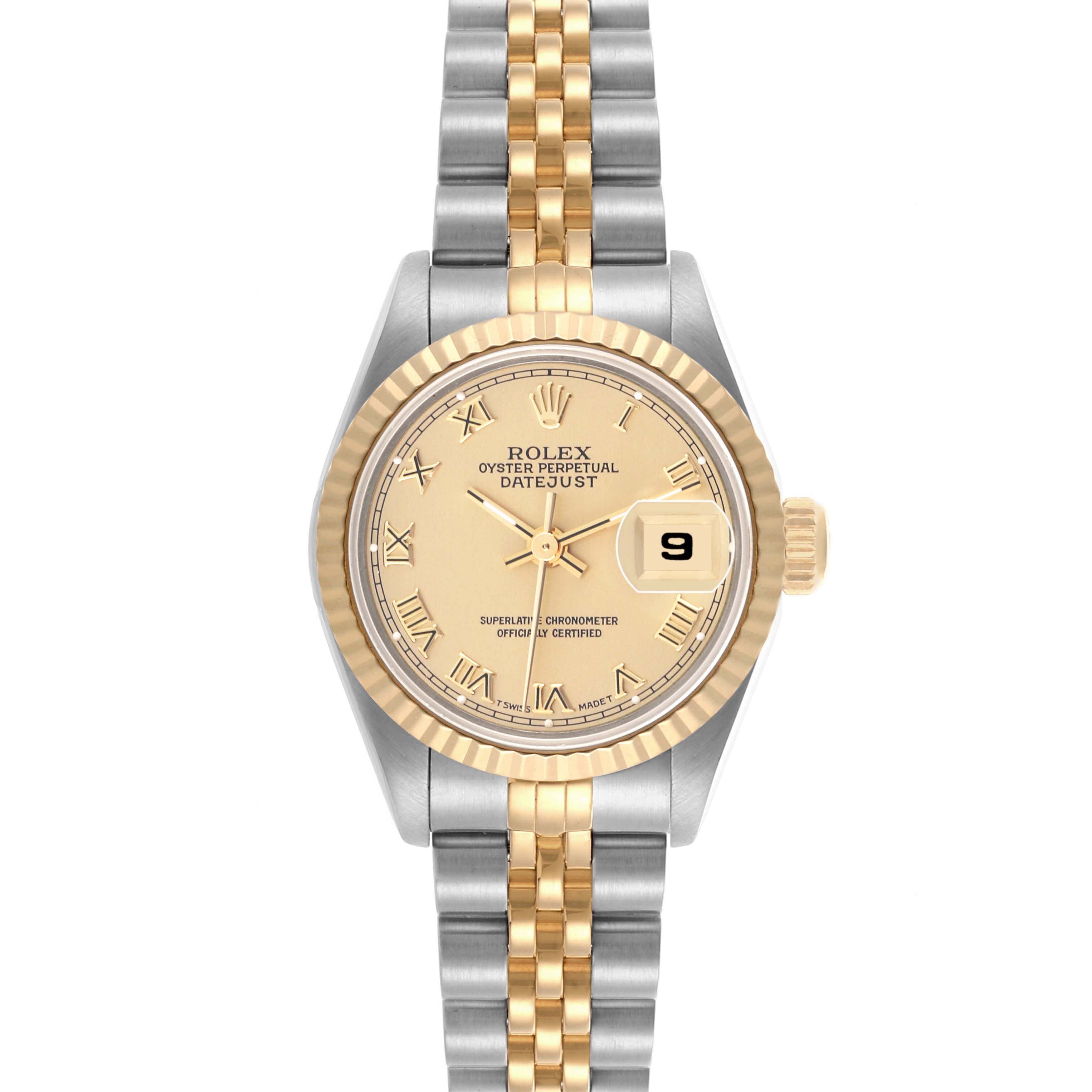The Rolex Datejust 69173 Women's Steel and Gold (two tone) Champagne Dial 69173 Women's Steel and Gold (two tone) Champagne Dial watch is shown from a front angle, highlighting the face, bezel, and two-tone bracelet.