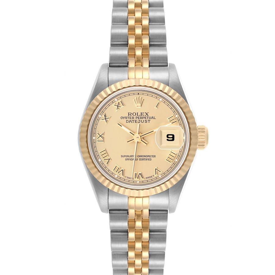 The Rolex Datejust watch is shown from a front angle, highlighting the face, bezel, and two-tone bracelet.