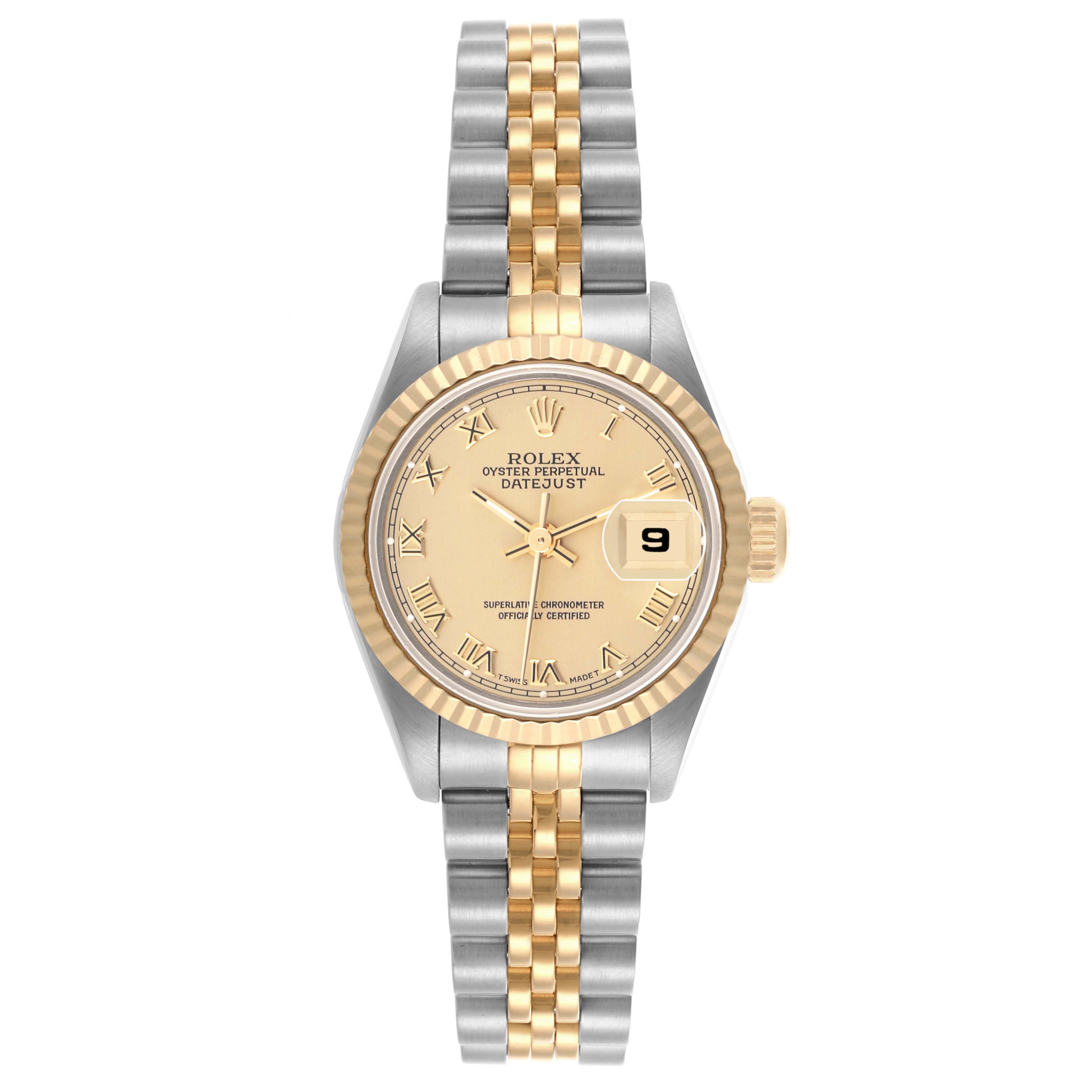 The image shows a front view of a Rolex Datejust 69173 Women's Steel and Gold (two tone) Champagne Dial 69173 Women's Steel and Gold (two tone) Champagne Dial watch, featuring the dial, bezel, and bracelet.