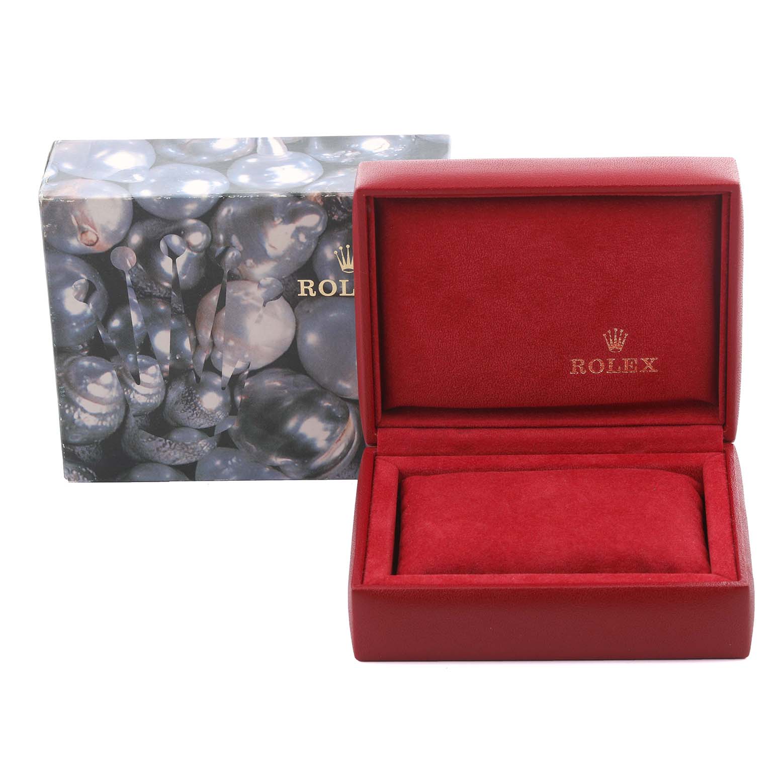 The image shows a Rolex Datejust 69173 Women's Steel and Gold (two tone) Champagne Dial 69173 Women's Steel and Gold (two tone) Champagne Dial box, featuring a red interior and an outer decorative casing.