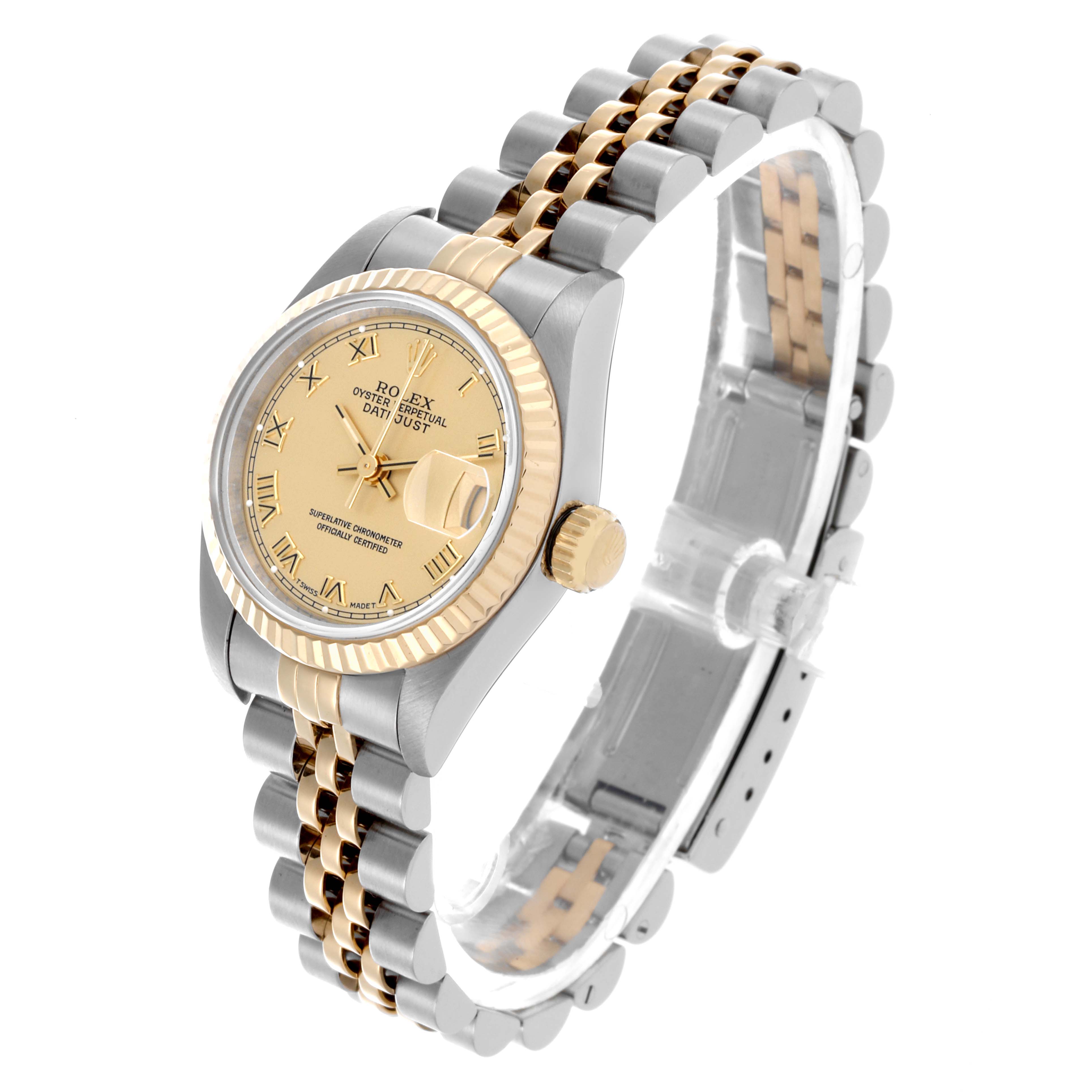 The Rolex Datejust 69173 Women's Steel and Gold (two tone) Champagne Dial 69173 Women's Steel and Gold (two tone) Champagne Dial watch is shown at an angled view displaying the face, bezel, crown, and two-tone jubilee bracelet.