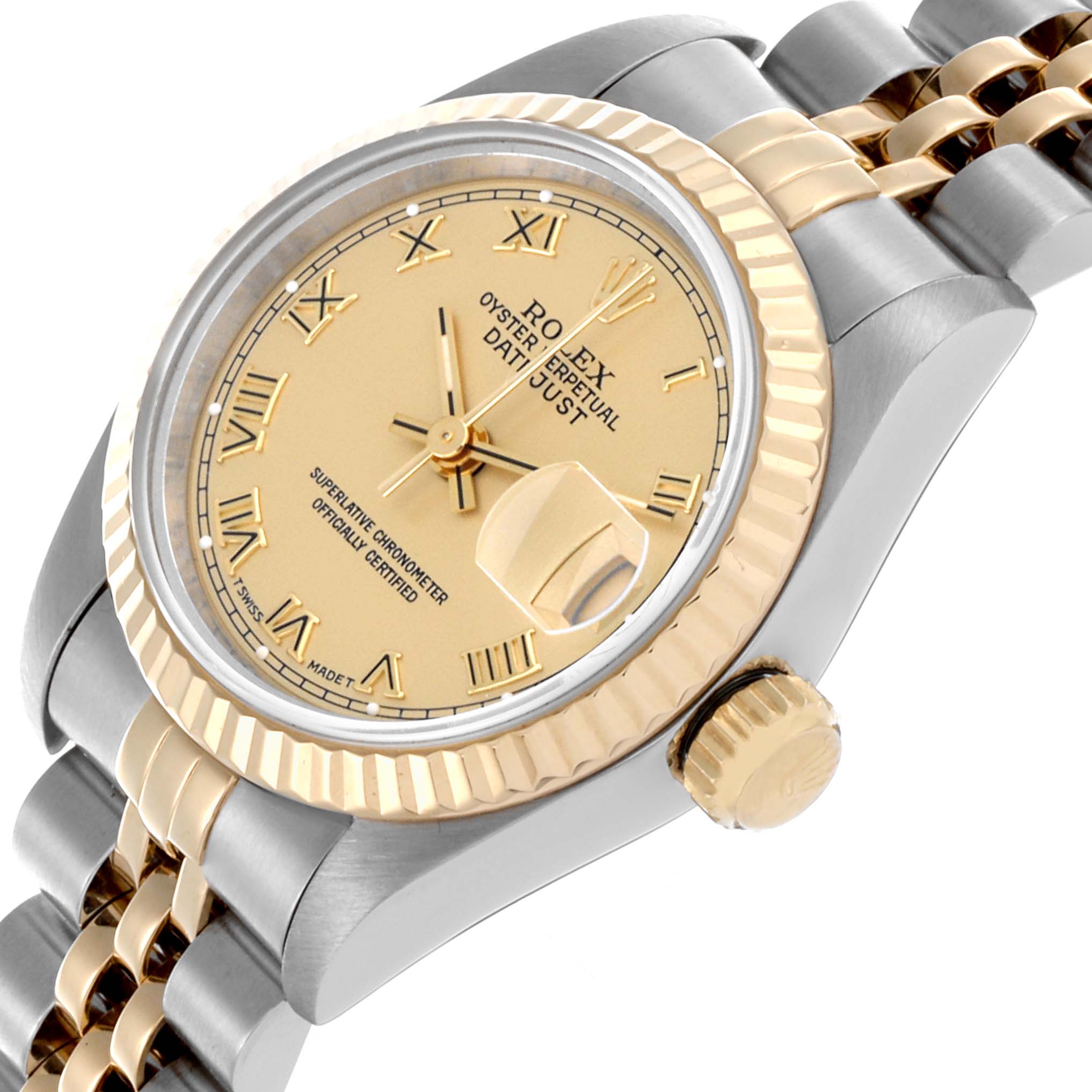 The Rolex Datejust 69173 Women's Steel and Gold (two tone) Champagne Dial 69173 Women's Steel and Gold (two tone) Champagne Dial watch is shown at an angled view highlighting the face, bezel, crown, and part of the bracelet.