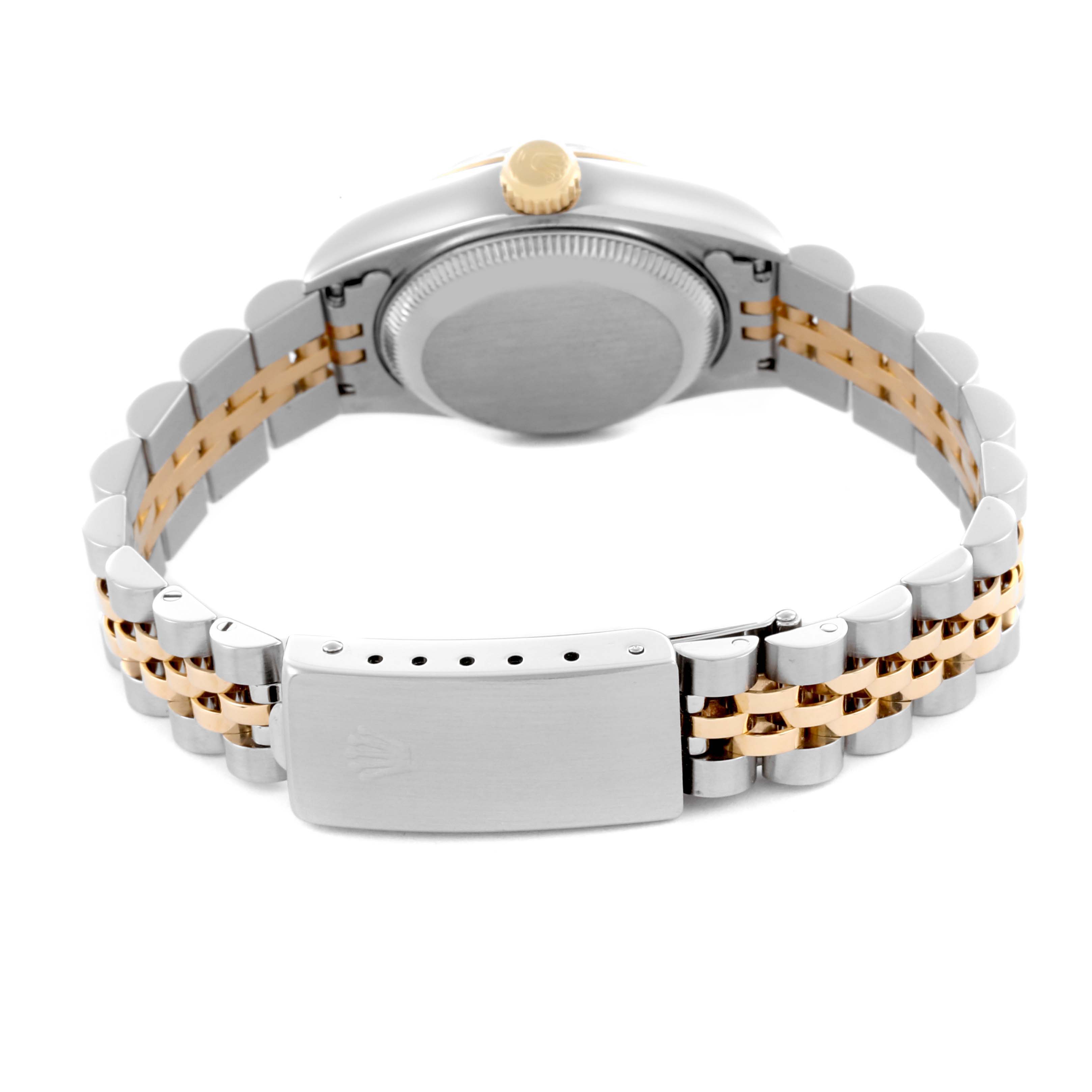 This image shows the back and clasp of a Rolex Datejust 69173 Women's Steel and Gold (two tone) Champagne Dial 69173 Women's Steel and Gold (two tone) Champagne Dial, highlighting the two-tone bracelet and case back.