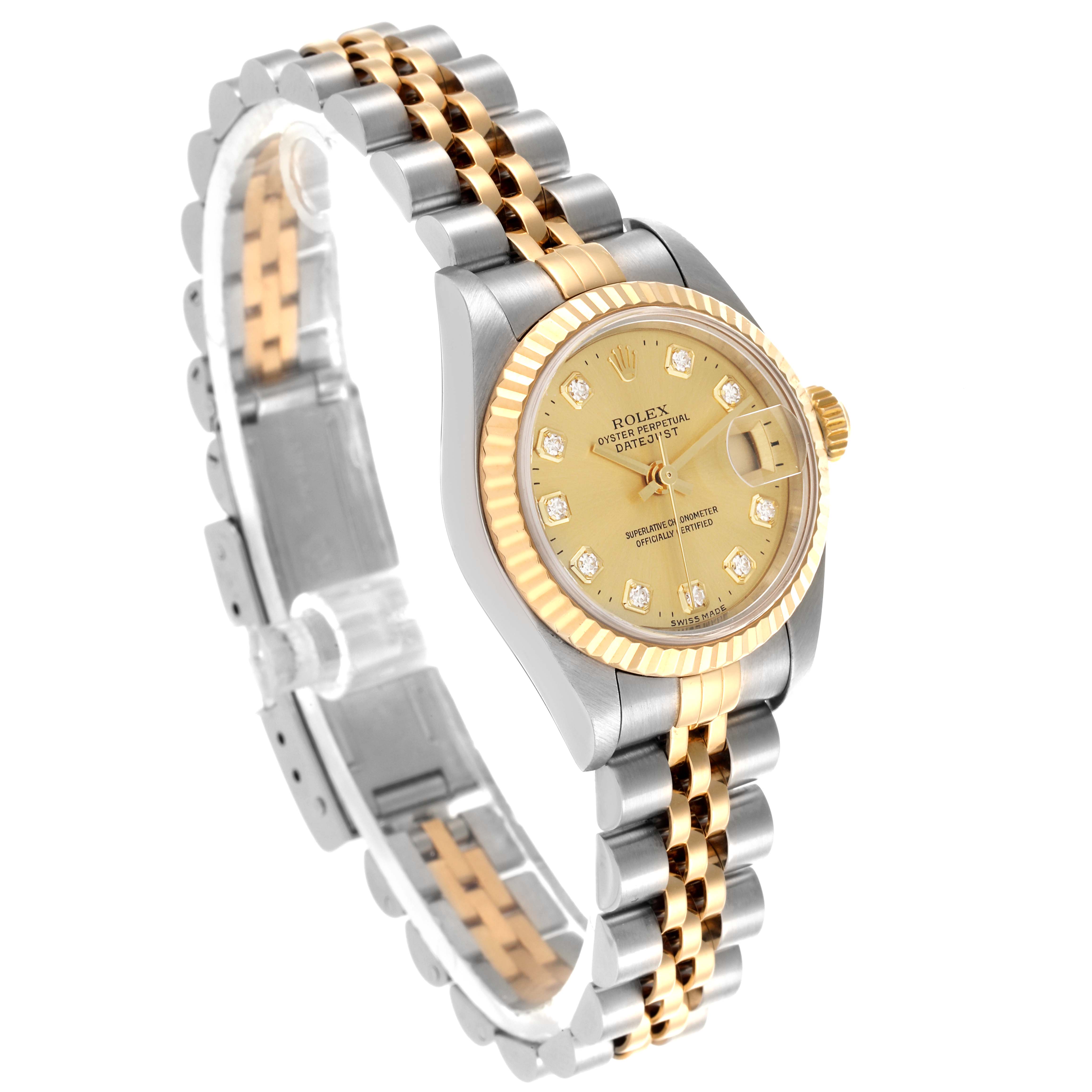 The Rolex Datejust 79173 Women's Steel and Gold (two tone) Champagne Dial 79173 Women's Steel and Gold (two tone) Champagne Dial watch is shown at a three-quarter angle, highlighting the dial, bezel, crown, and the two-tone bracelet.