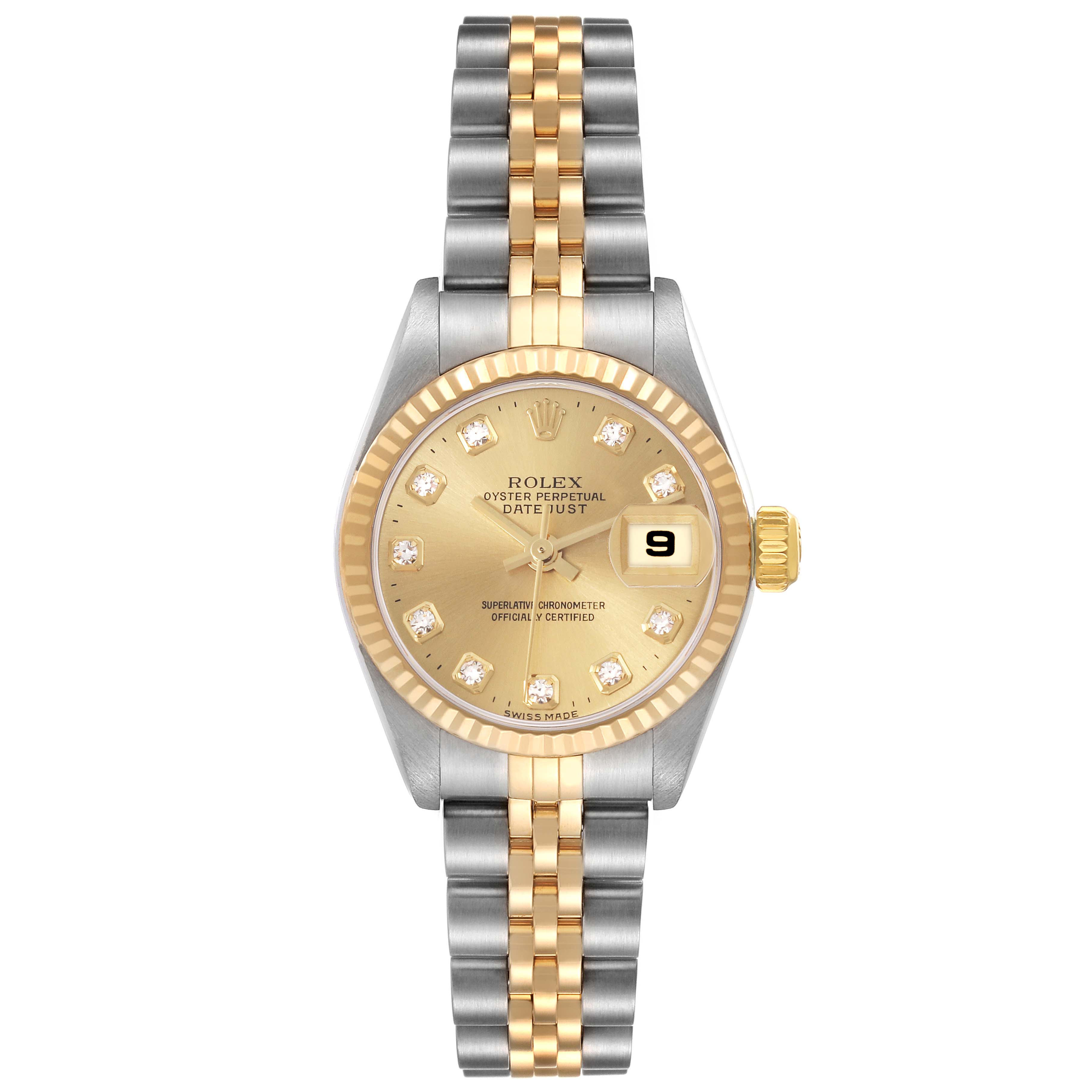 The Rolex Datejust 79173 Women's Steel and Gold (two tone) Champagne Dial 79173 Women's Steel and Gold (two tone) Champagne Dial watch is shown from a top view, highlighting the dial, bezel, and bracelet.