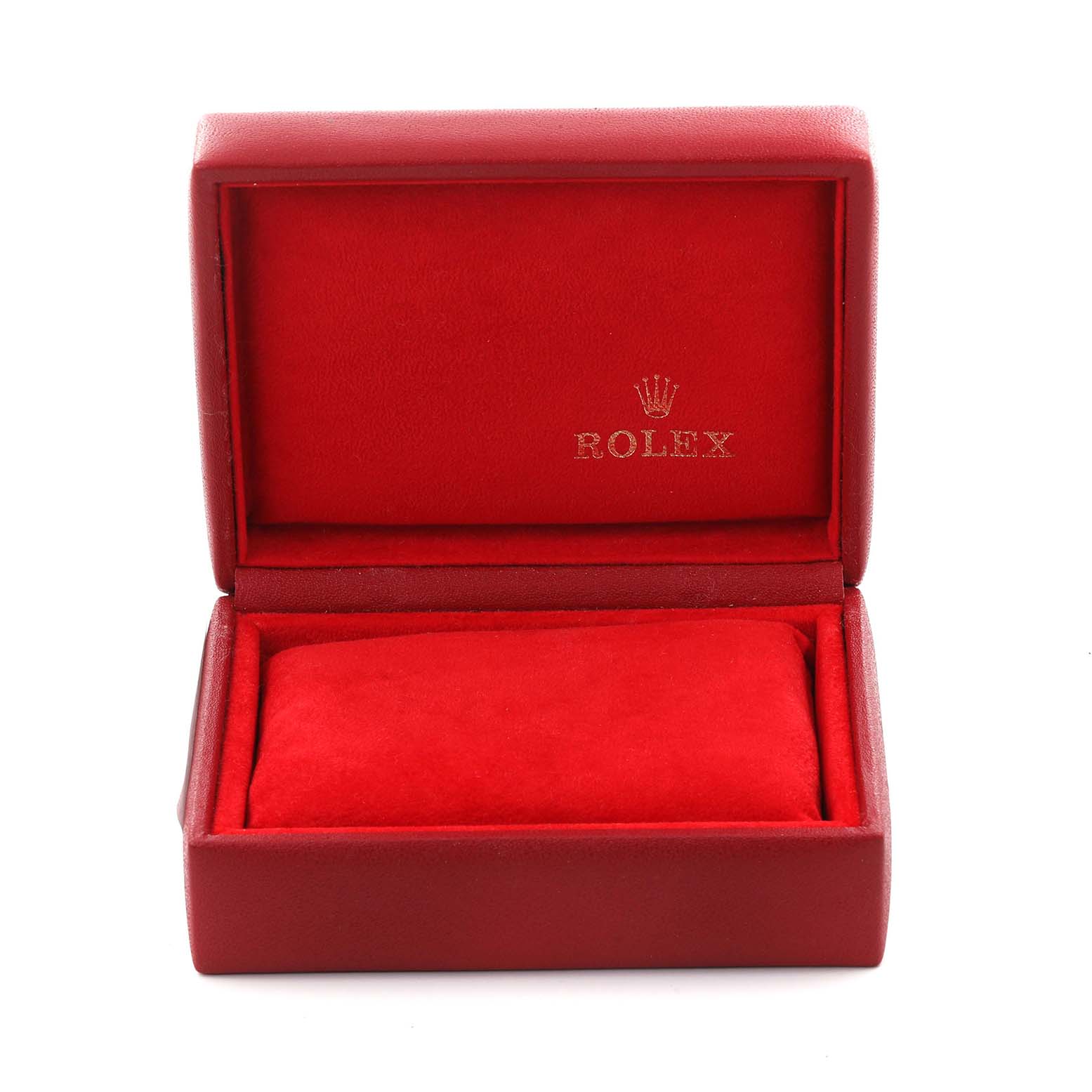 The image shows an open red Rolex box for the Datejust model, highlighting the interior and brand logo.