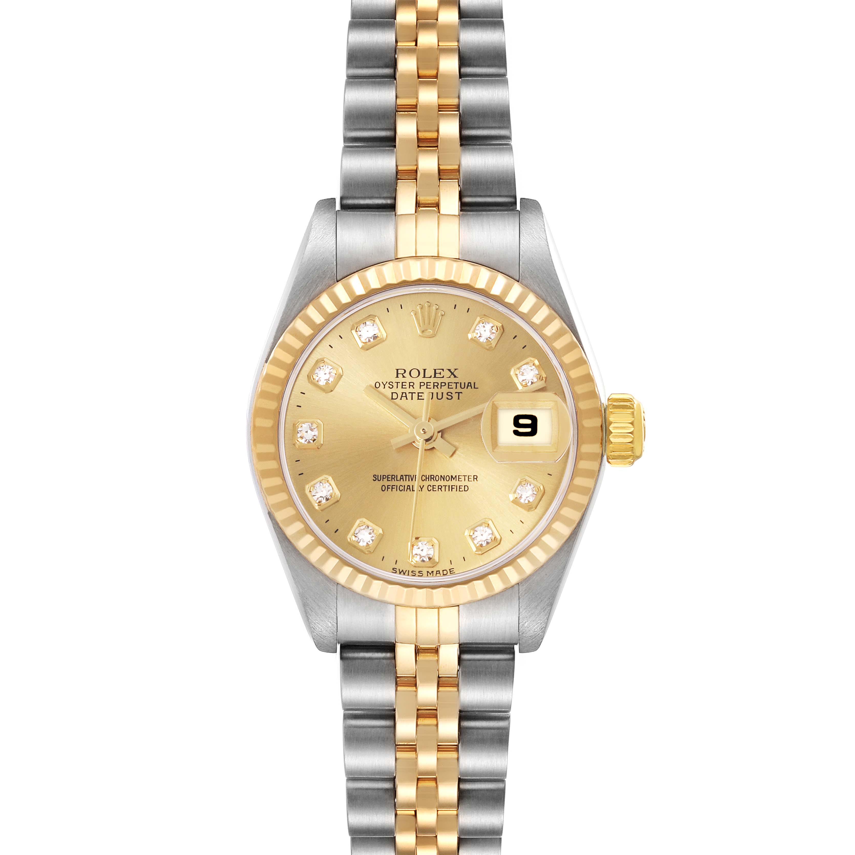The Rolex Datejust 79173 Women's Steel and Gold (two tone) Champagne Dial 79173 Women's Steel and Gold (two tone) Champagne Dial watch is shown from the front, displaying the dial, bezel, and bracelet clearly.