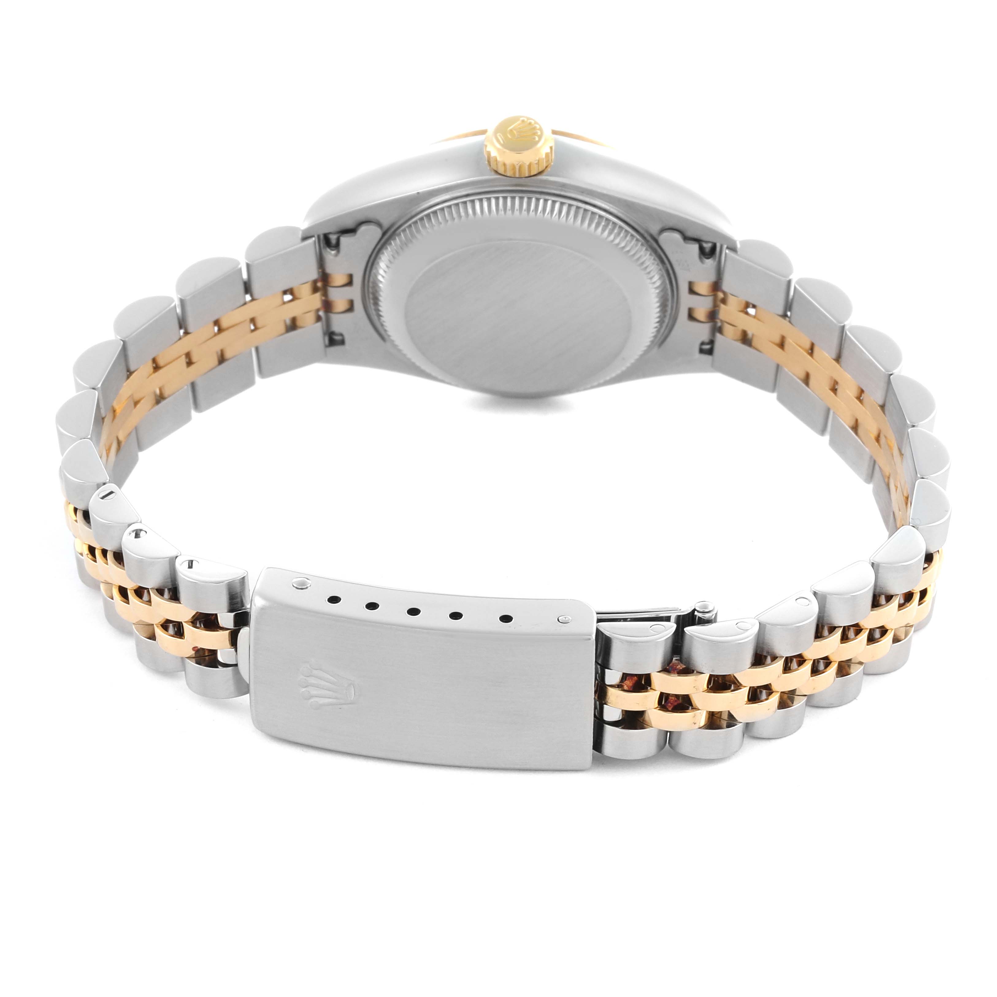 The image shows the back and side of the Rolex Datejust 79173 Women's Steel and Gold (two tone) Champagne Dial 79173 Women's Steel and Gold (two tone) Champagne Dial watch, highlighting the caseback and two-tone bracelet with the clasp.