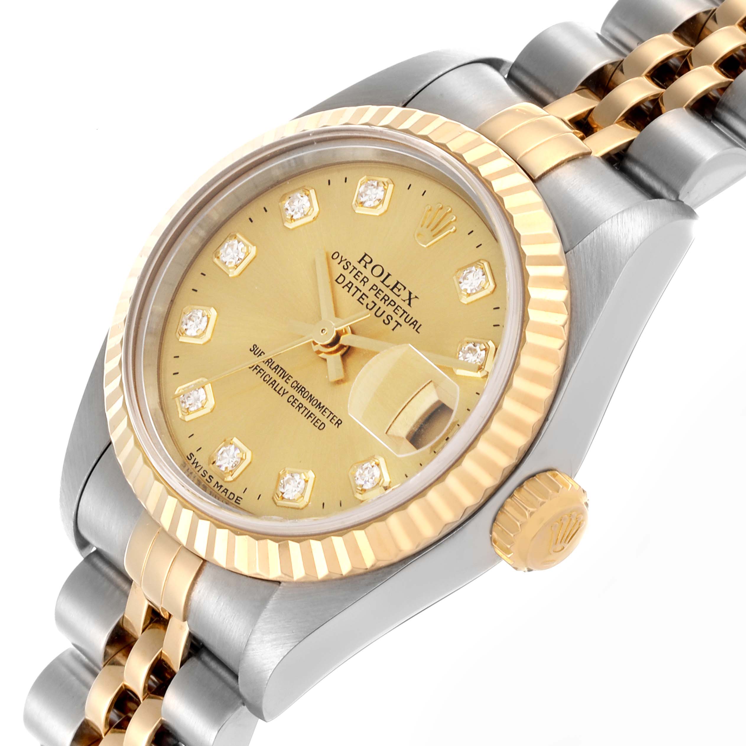 The Rolex Datejust 79173 Women's Steel and Gold (two tone) Champagne Dial 79173 Women's Steel and Gold (two tone) Champagne Dial watch is shown at an angle highlighting the dial, crown, and bracelet.