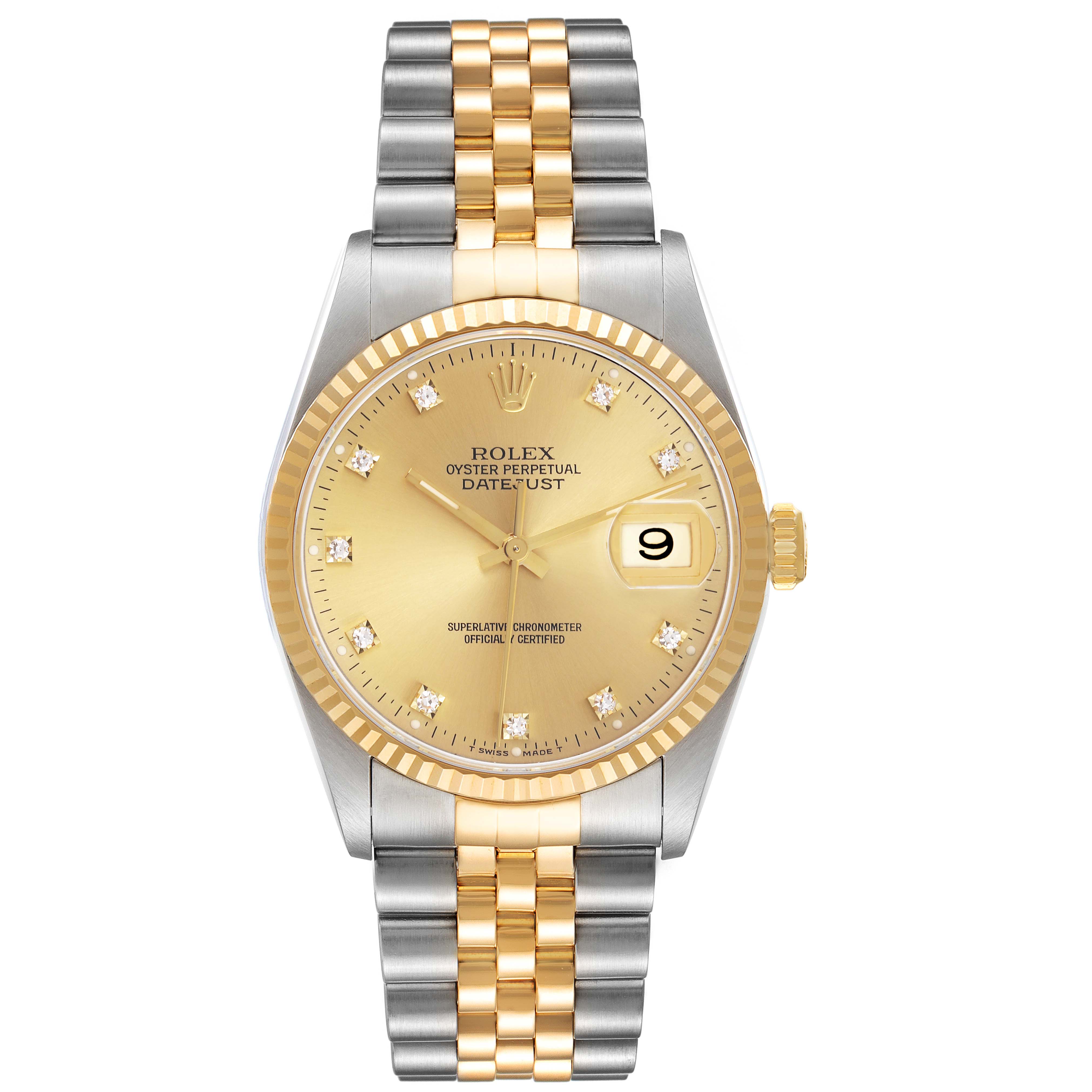 The Rolex Datejust 16233 Men's Steel and Gold (two tone) Champagne Dial 16233 Men's Steel and Gold (two tone) Champagne Dial watch is shown from the front, displaying the dial, bezel, and bracelet.