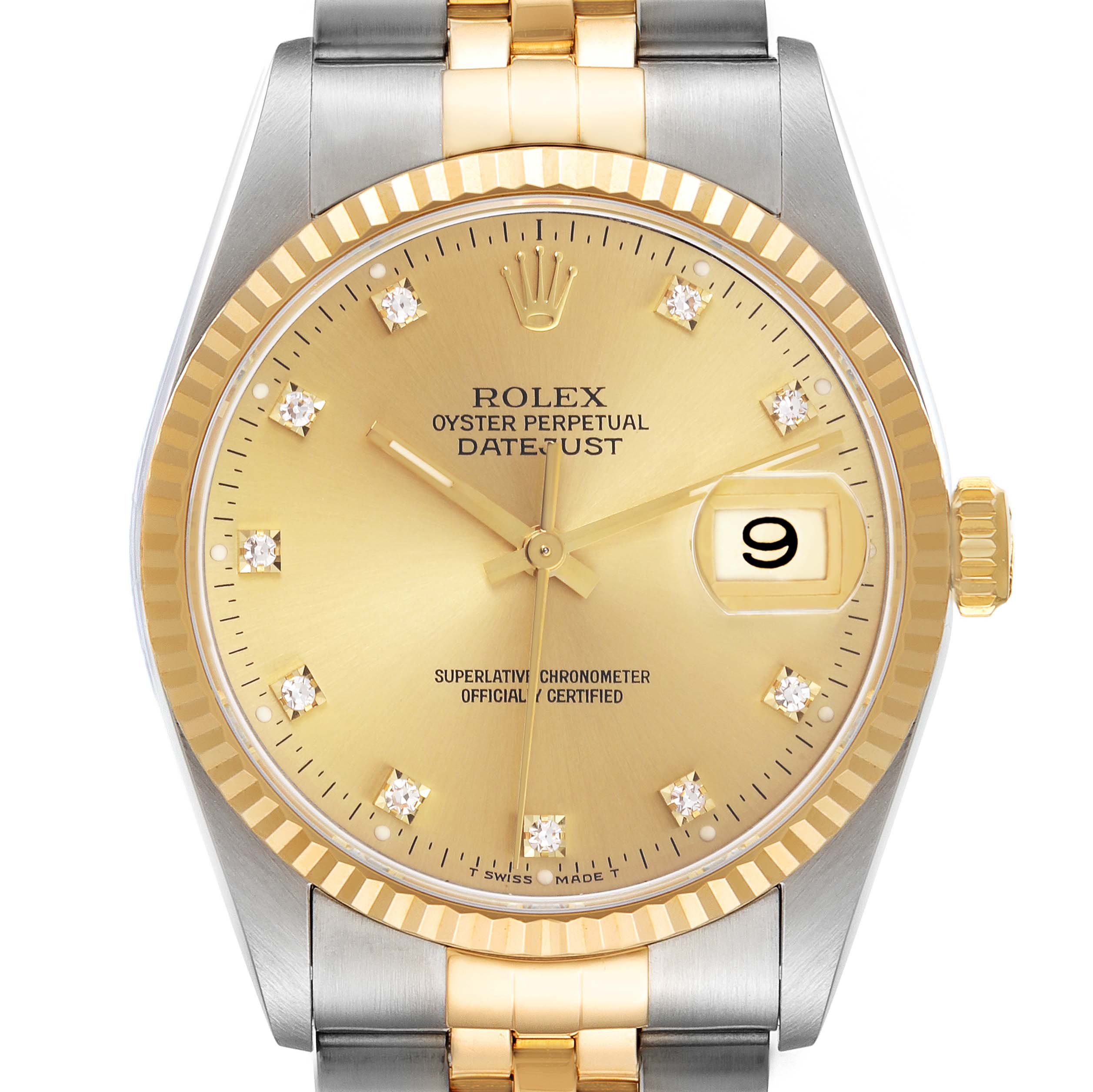 The Rolex Datejust 16233 Men's Steel and Gold (two tone) Champagne Dial 16233 Men's Steel and Gold (two tone) Champagne Dial watch is shown from the front, displaying the gold dial, diamond markers, and part of the two-tone bracelet.