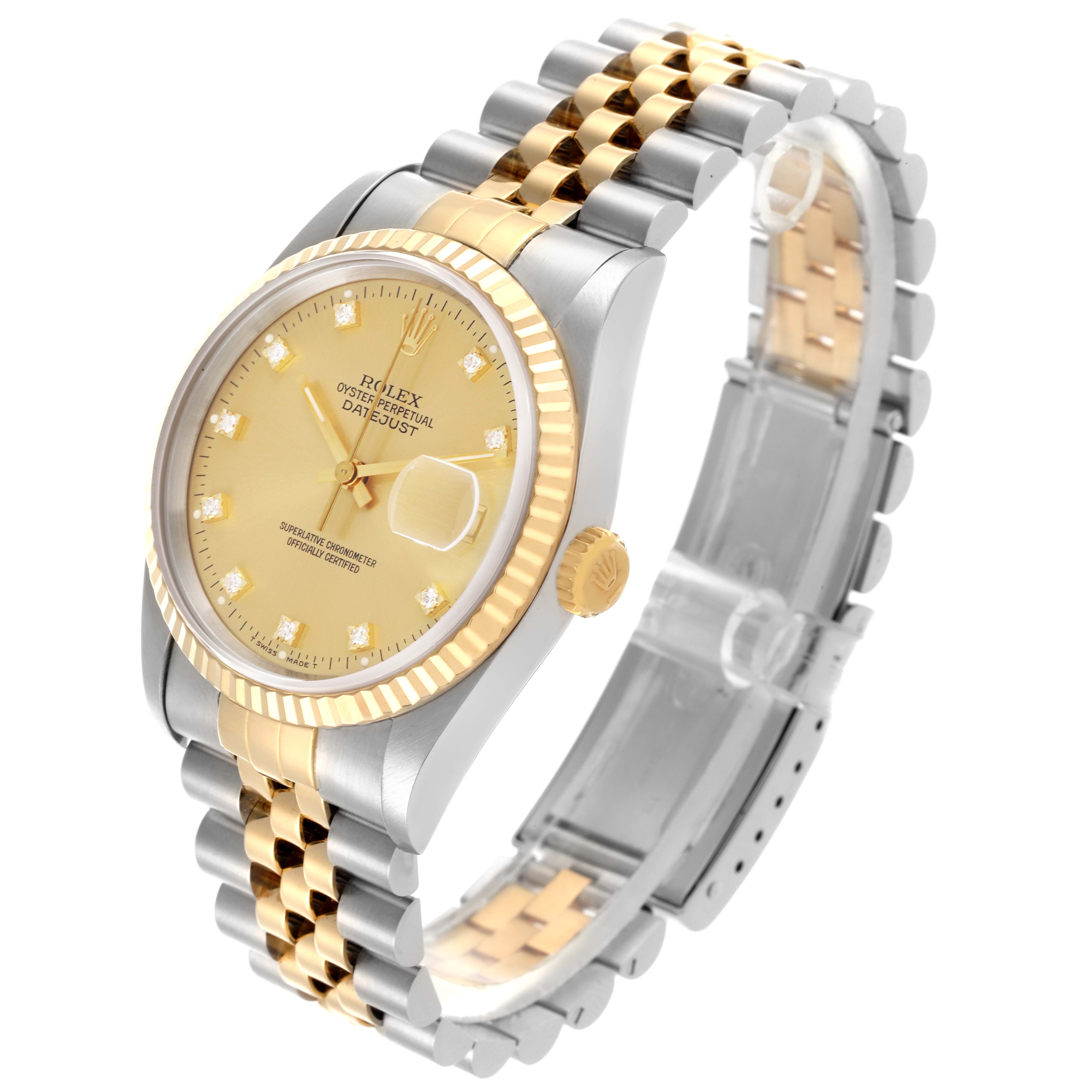 The Rolex Datejust 16233 Men's Steel and Gold (two tone) Champagne Dial 16233 Men's Steel and Gold (two tone) Champagne Dial watch is shown from a side angle, displaying its face, bezel, crown, and two-tone bracelet.