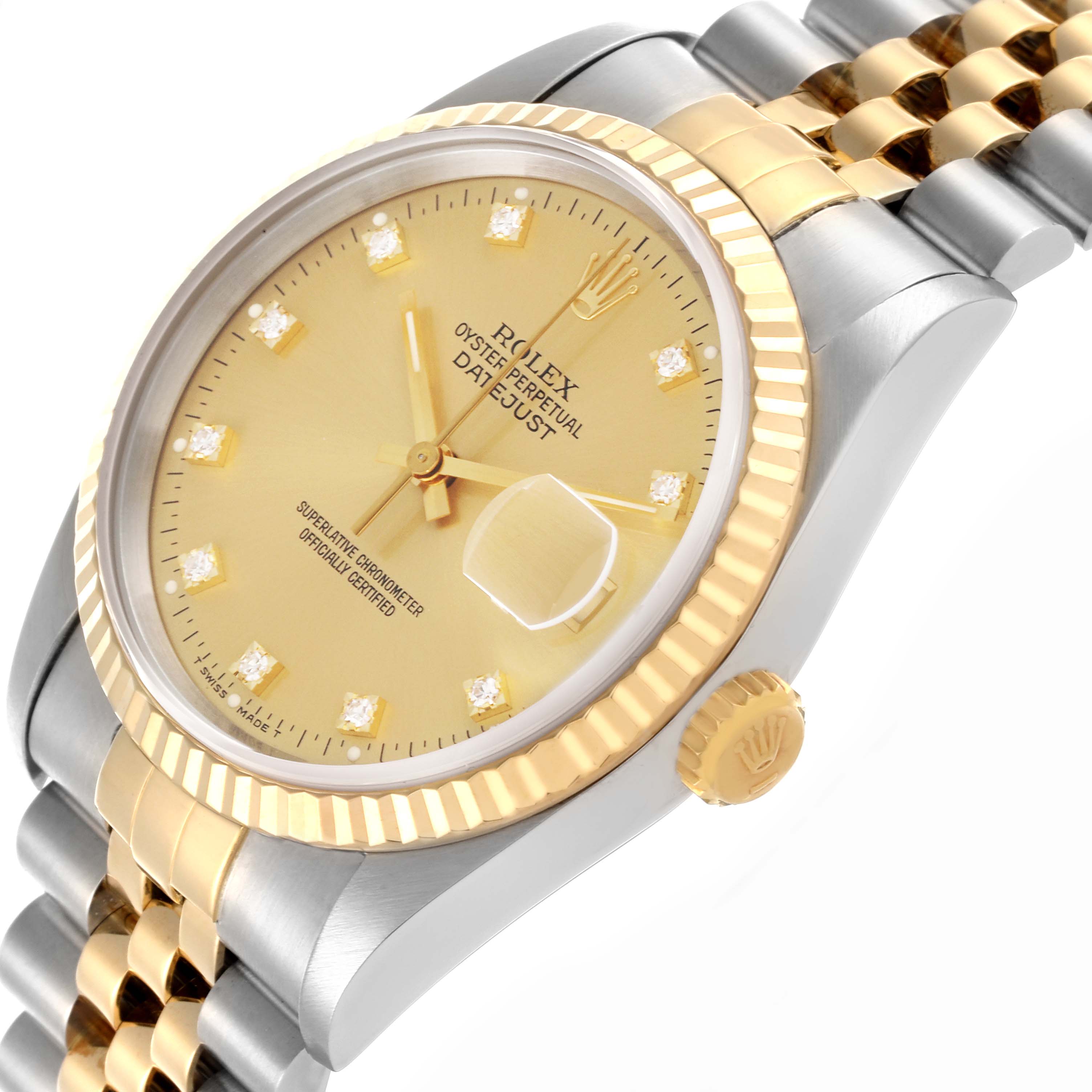 The Rolex Datejust 16233 Men's Steel and Gold (two tone) Champagne Dial 16233 Men's Steel and Gold (two tone) Champagne Dial watch is shown at an angled side view, highlighting the face, bezel, and part of the bracelet.