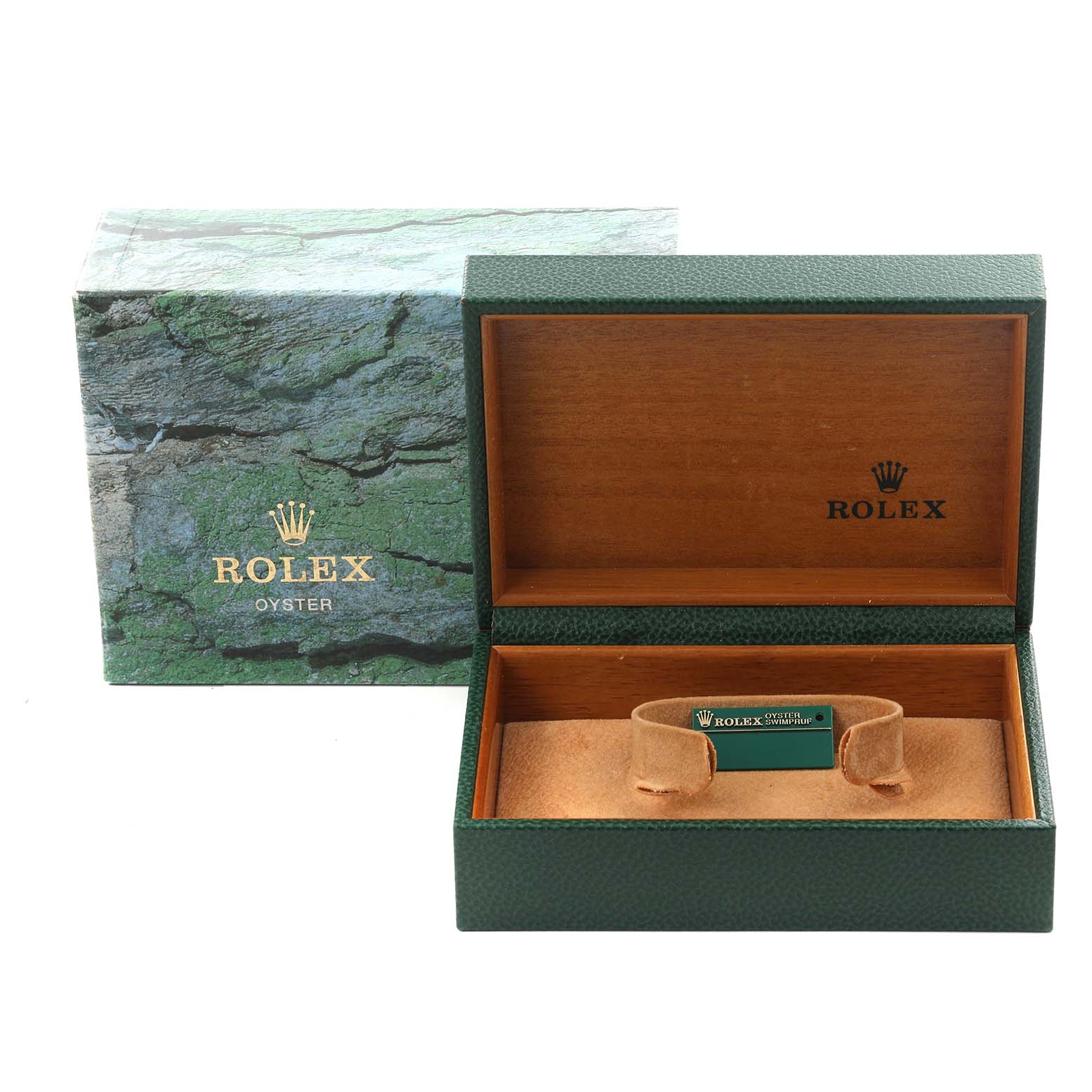 The image shows a Rolex Datejust 16233 Men's Steel and Gold (two tone) Champagne Dial 16233 Men's Steel and Gold (two tone) Champagne Dial watch box and cushion insert, viewed from the front, with the outer box on the left.