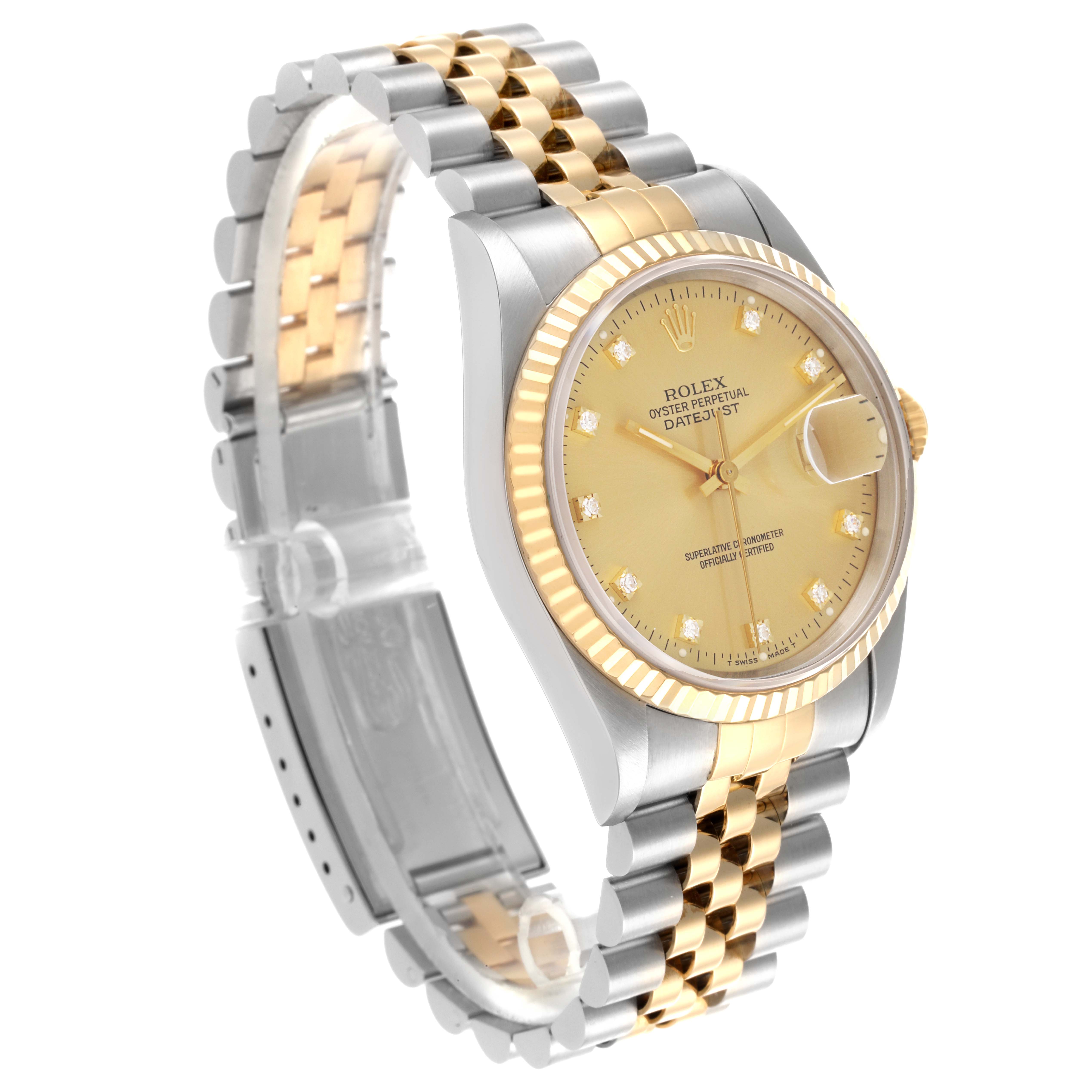 The Rolex Datejust 16233 Men's Steel and Gold (two tone) Champagne Dial 16233 Men's Steel and Gold (two tone) Champagne Dial watch is shown at an oblique angle, highlighting the gold and silver bracelet, face, and bezel.