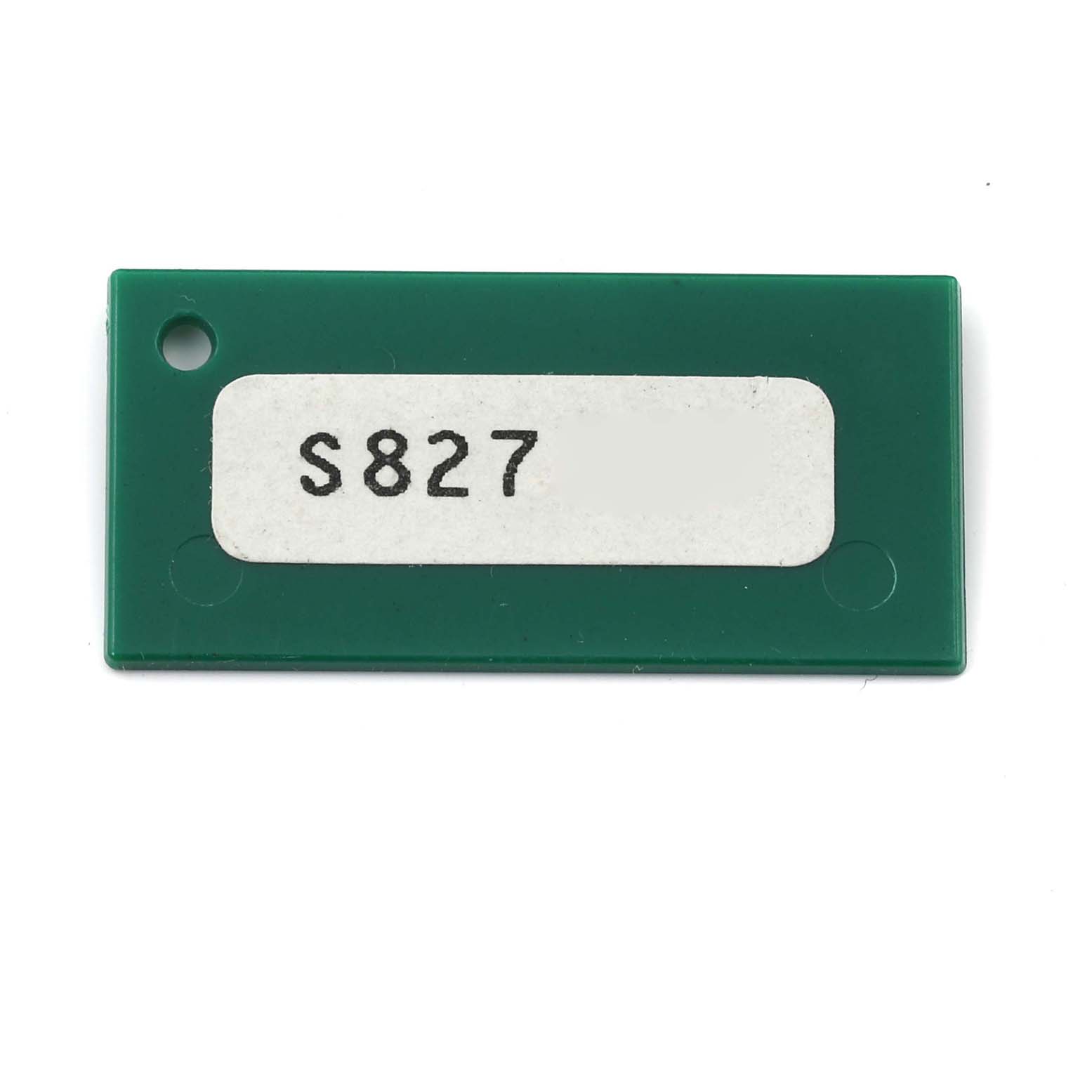 This image shows a rectangular green hang tag from a Rolex Datejust 16233 Men's Steel and Gold (two tone) Champagne Dial 16233 Men's Steel and Gold (two tone) Champagne Dial watch, displaying a printed number "S827".