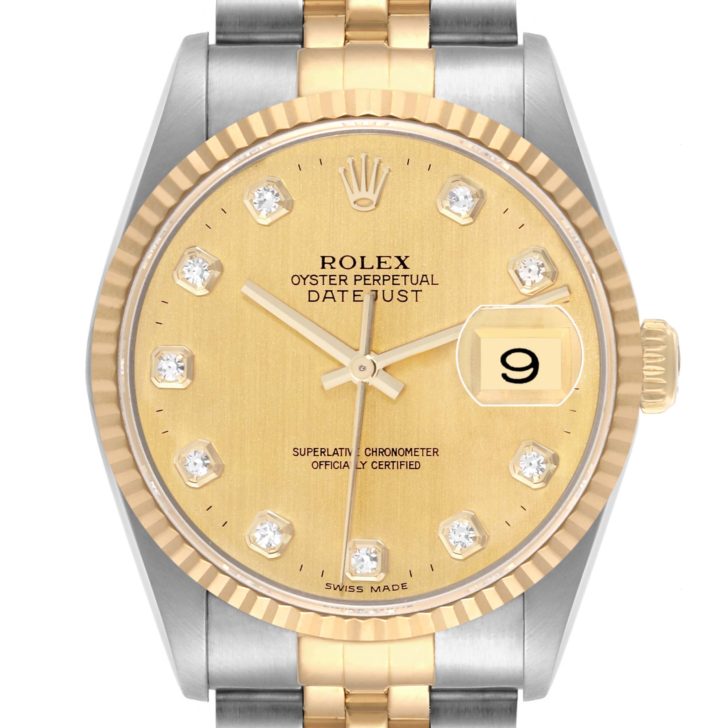 The Rolex Datejust 16233 Men's Steel and Gold (two tone) Champagne Dial 16233 Men's Steel and Gold (two tone) Champagne Dial watch is shown close-up, displaying its face, bezel, and part of the bracelet.