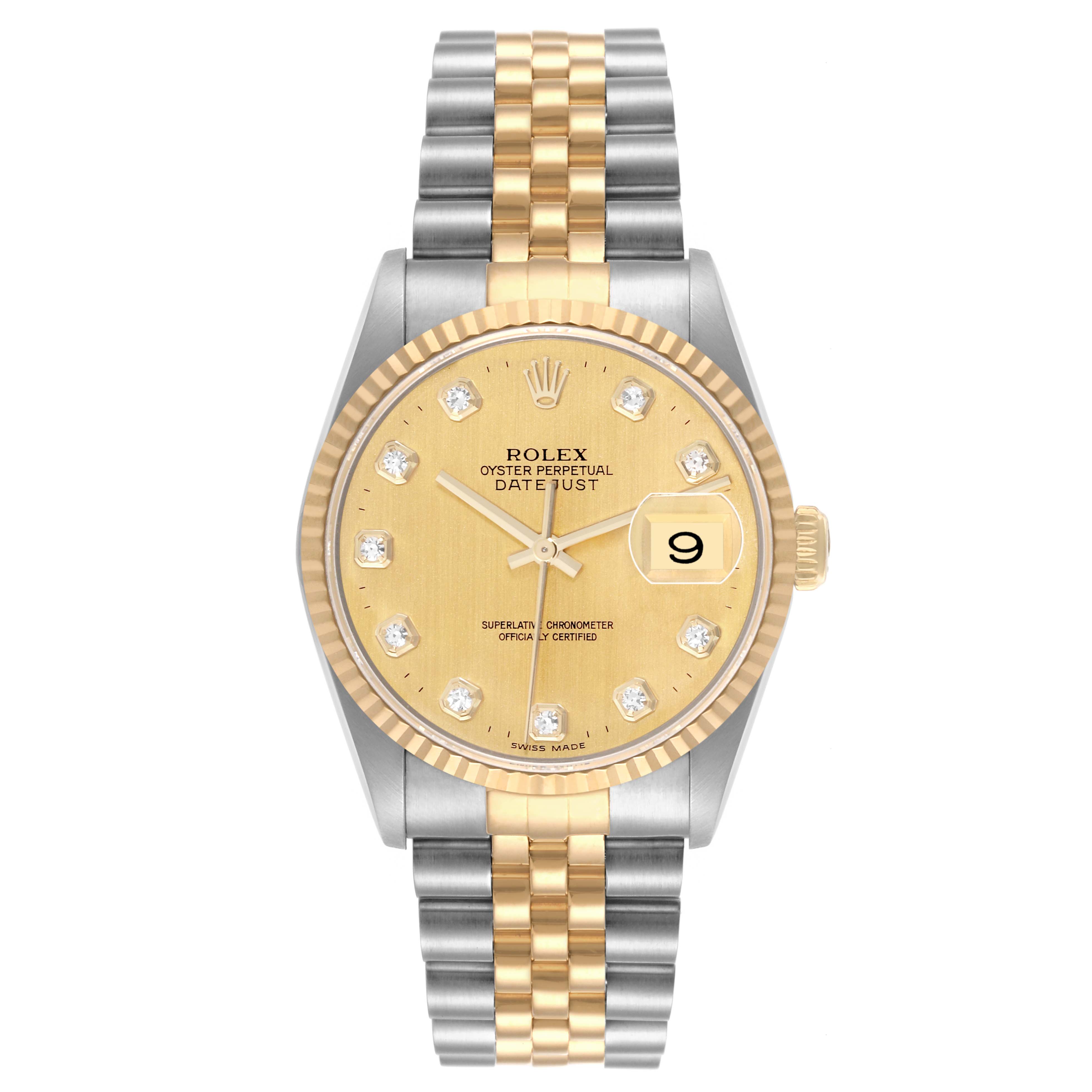 The Rolex Datejust 16233 Men's Steel and Gold (two tone) Champagne Dial 16233 Men's Steel and Gold (two tone) Champagne Dial watch is shown from the front, displaying the dial, bezel, and bracelet.