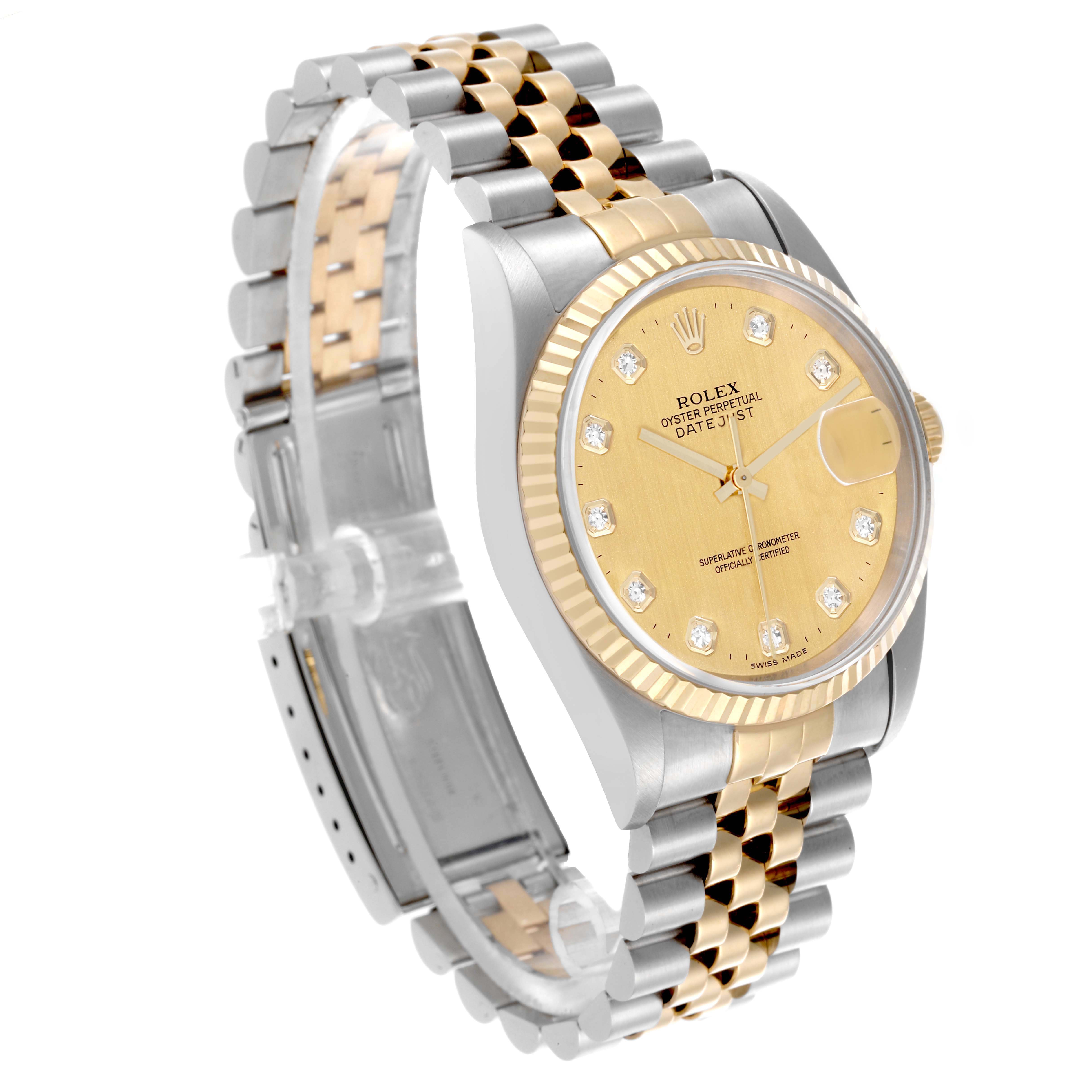 The Rolex Datejust 16233 Men's Steel and Gold (two tone) Champagne Dial 16233 Men's Steel and Gold (two tone) Champagne Dial watch is shown at a slight angle, displaying the face, fluted bezel, and two-tone bracelet.
