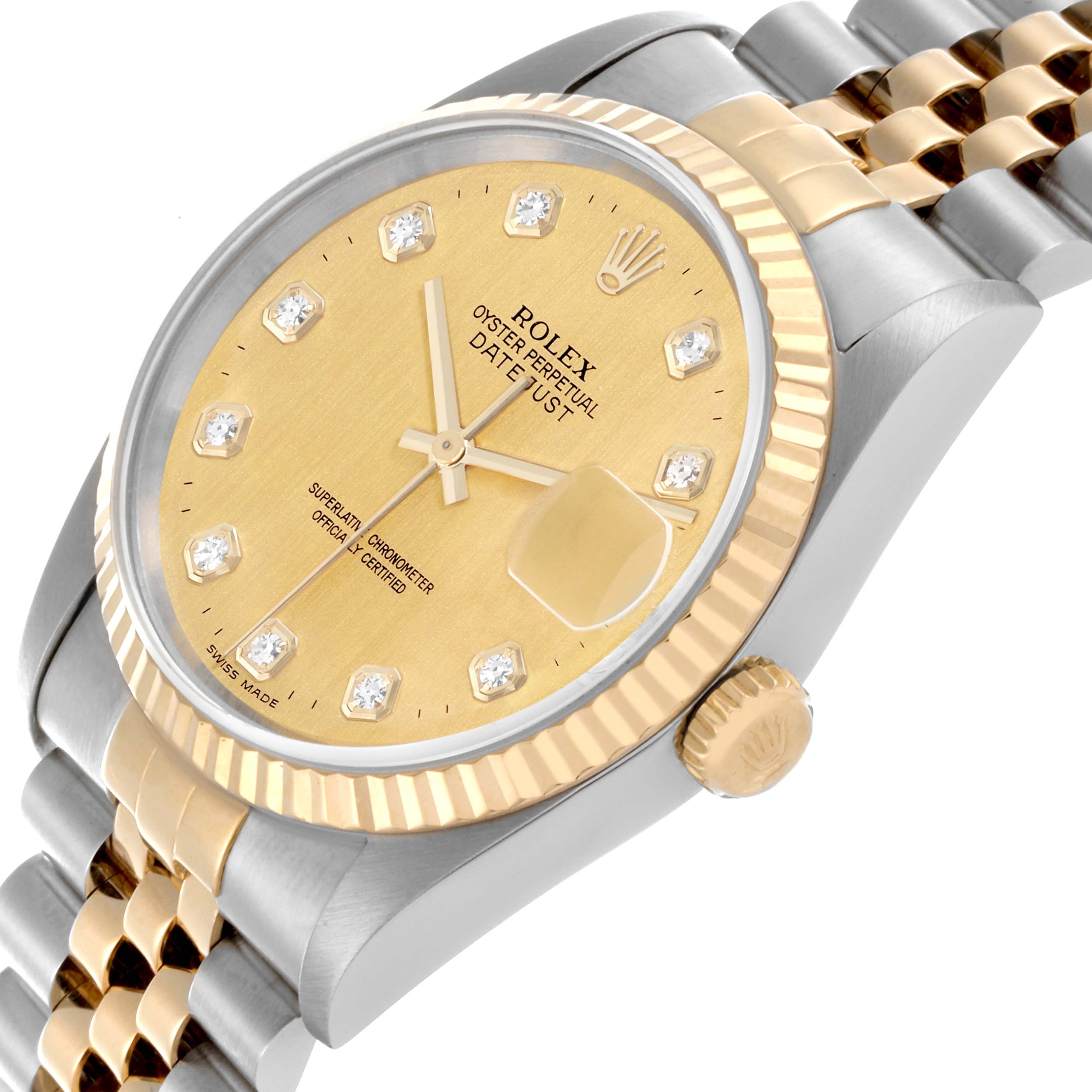 The Rolex Datejust 16233 Men's Steel and Gold (two tone) Champagne Dial 16233 Men's Steel and Gold (two tone) Champagne Dial watch is shown at an angled view highlighting the face, bezel, crown, and part of the bracelet.