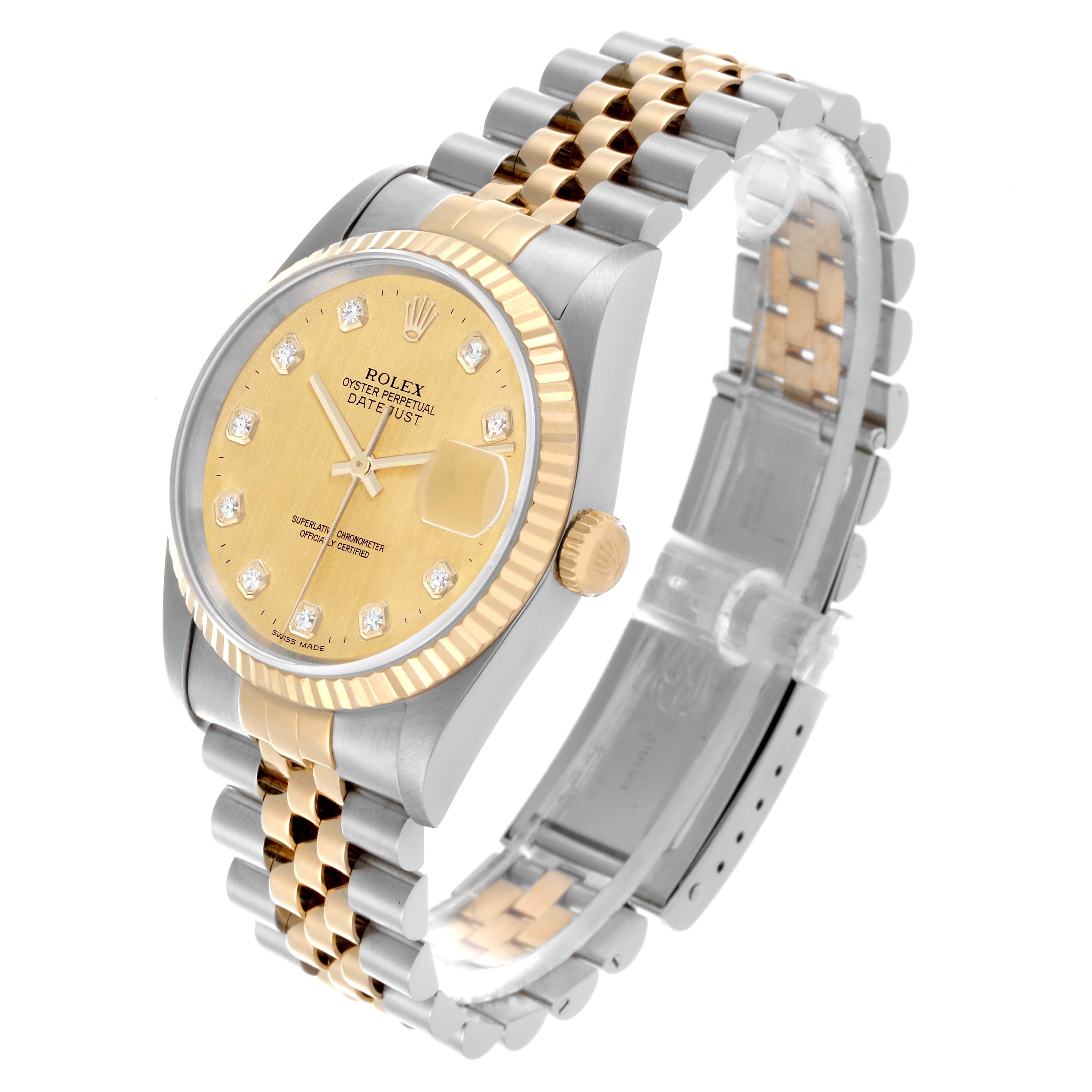 The Rolex Datejust 16233 Men's Steel and Gold (two tone) Champagne Dial 16233 Men's Steel and Gold (two tone) Champagne Dial watch is shown at a slight angle displaying the face, crown, and two-tone bracelet clearly.