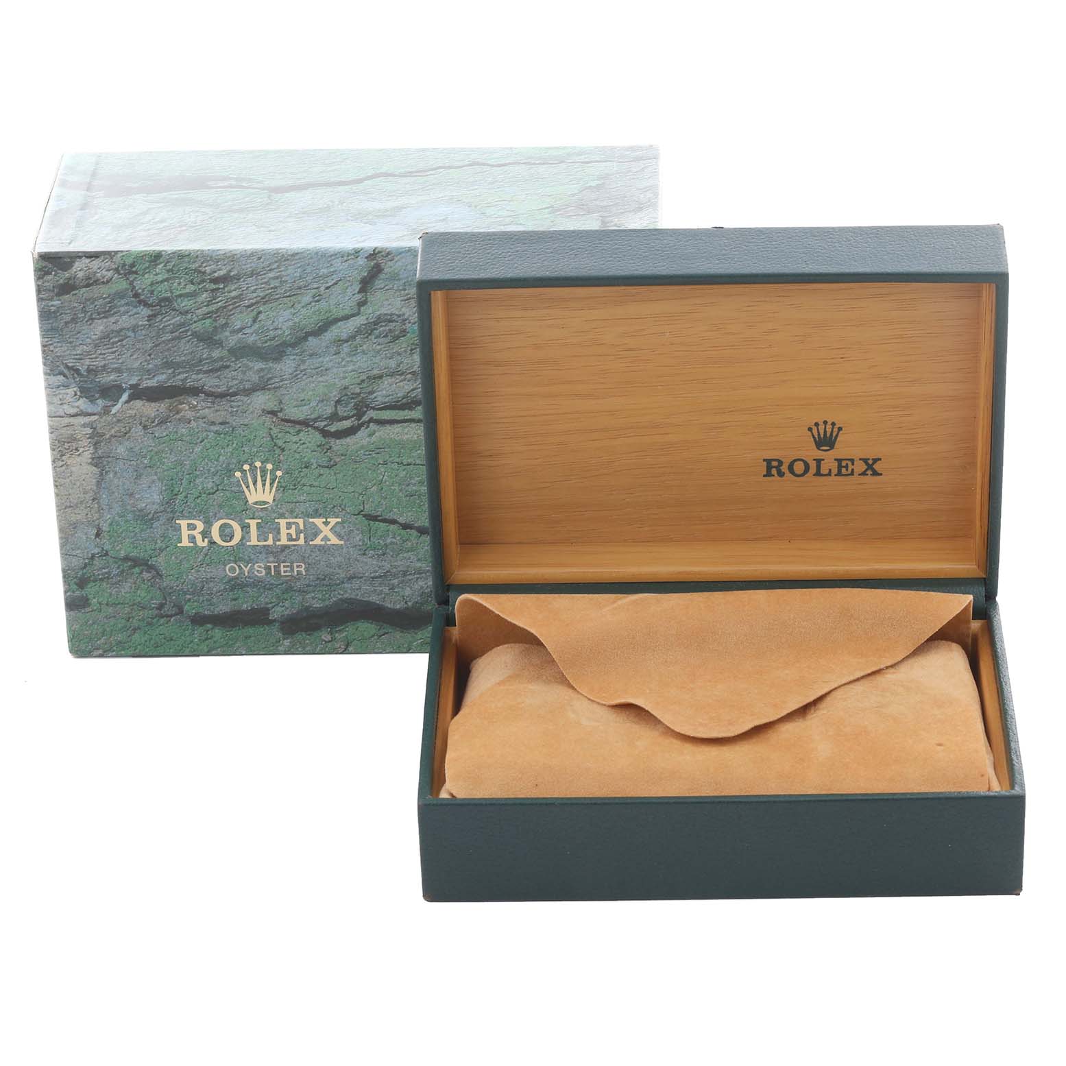 The image shows a Rolex Datejust 16233 Men's Steel and Gold (two tone) Champagne Dial 16233 Men's Steel and Gold (two tone) Champagne Dial box and inner case, open to reveal a suede pouch.