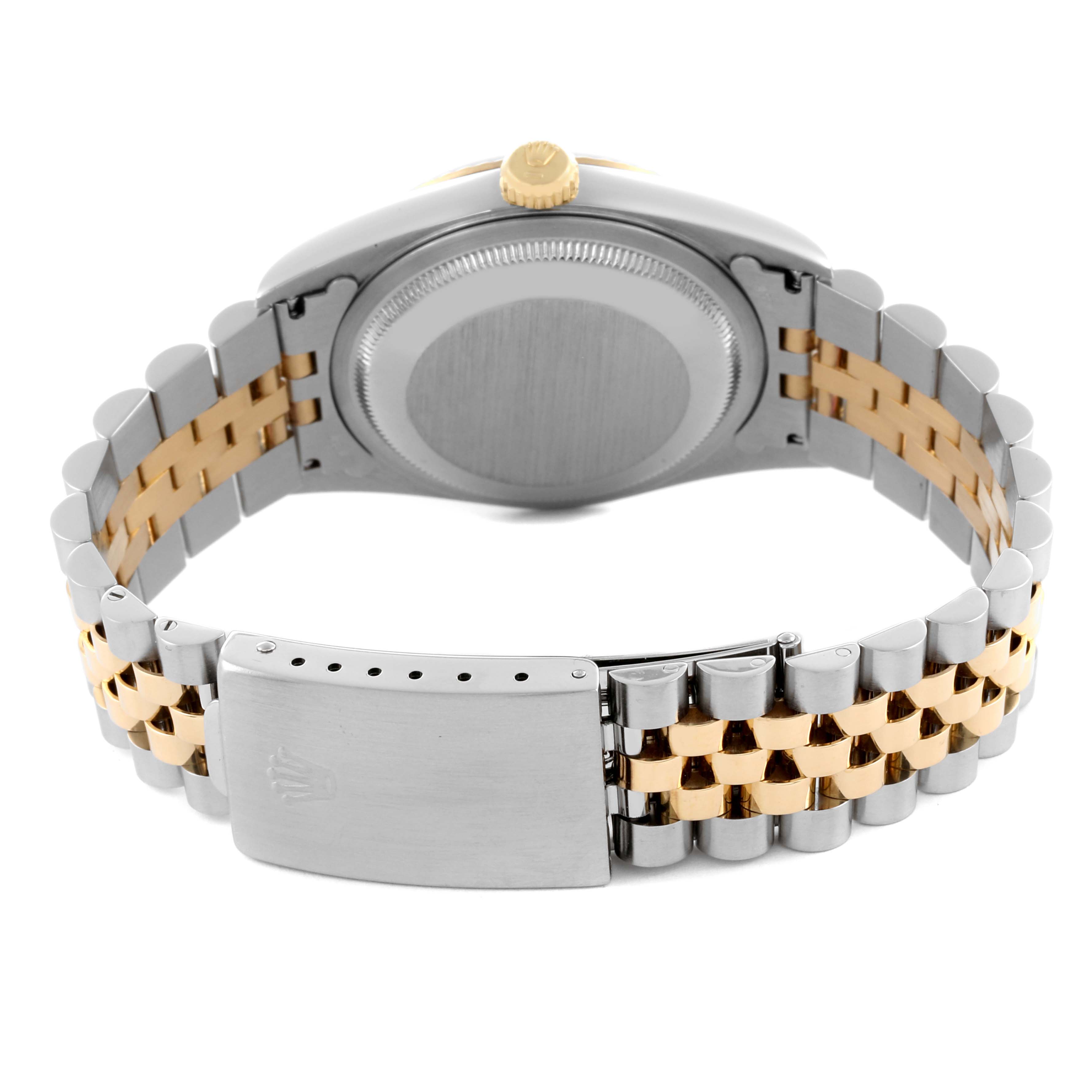 The image shows the back view of a Rolex Datejust 16233 Men's Steel and Gold (two tone) Champagne Dial 16233 Men's Steel and Gold (two tone) Champagne Dial watch, highlighting the case, caseback, crown, and bracelet clasp.