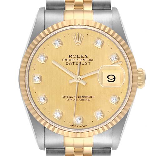 The Rolex Datejust watch is shown from a front angle, displaying its gold dial, diamond hour markers, and jubilee bracelet.