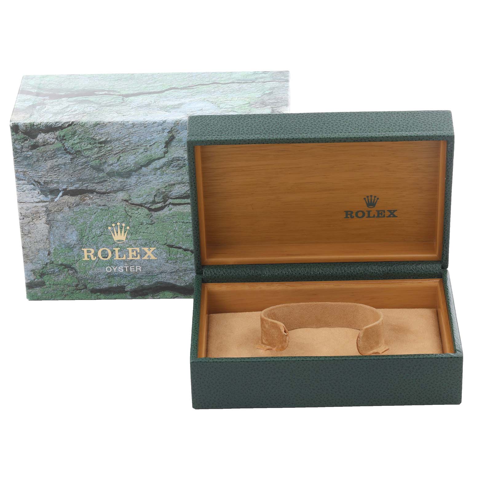 The image shows a Rolex Datejust 16203 Men's Steel and Gold (two tone) Mother of Pearl Dial 16203 Men's Steel and Gold (two tone) Mother of Pearl Dial watch box and cushion from a top angle, without the watch inside.