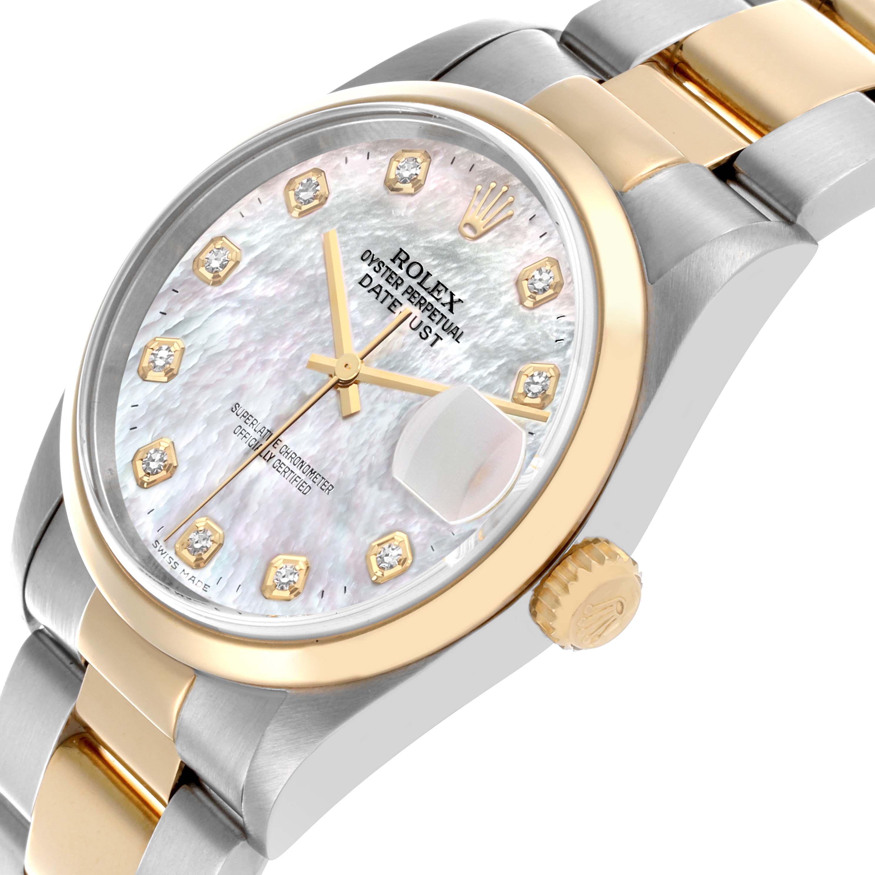 The Rolex Datejust 16203 Men's Steel and Gold (two tone) Mother of Pearl Dial 16203 Men's Steel and Gold (two tone) Mother of Pearl Dial watch is shown from an angled view, highlighting the dial, bezel, crown, and part of the bracelet.