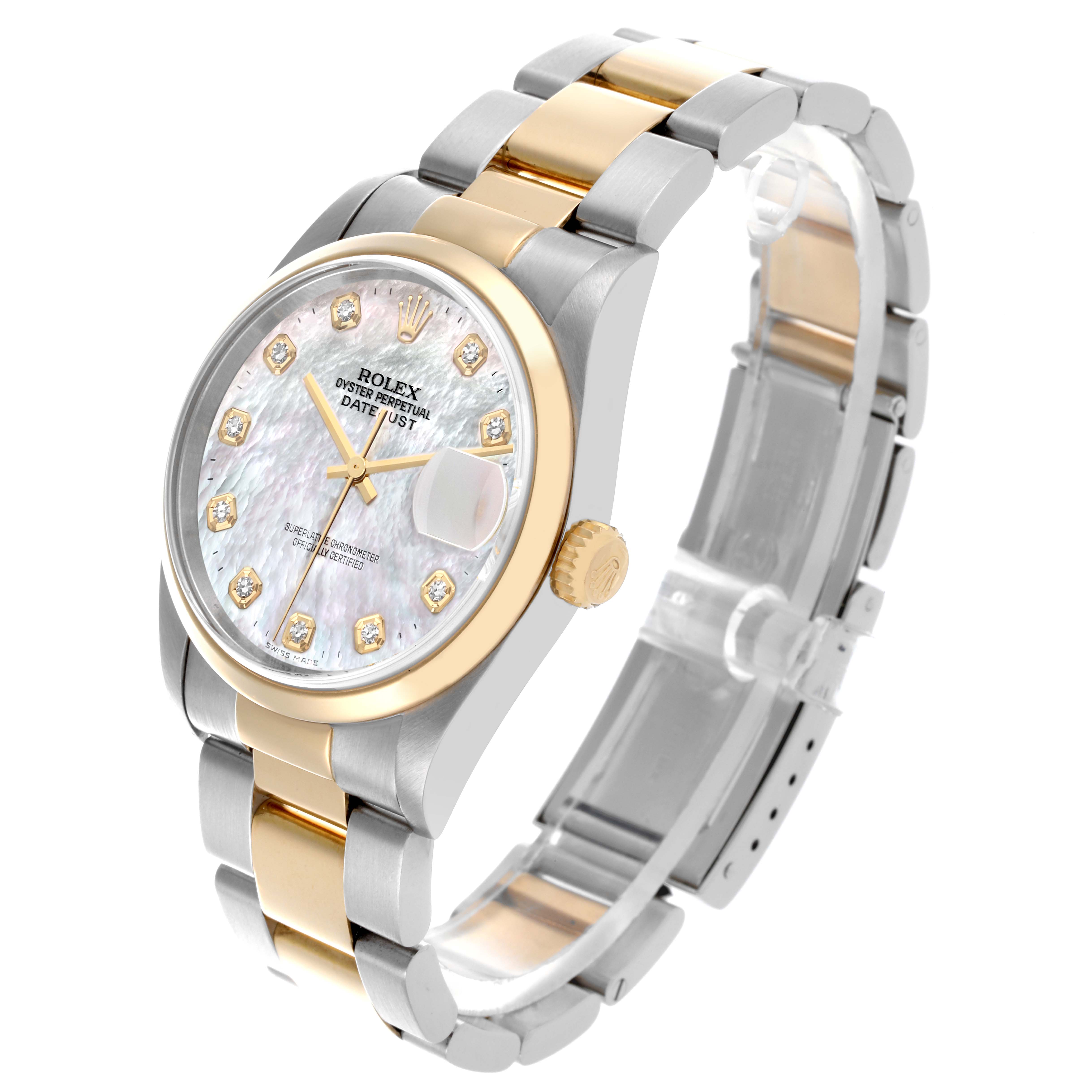 The Rolex Datejust 16203 Men's Steel and Gold (two tone) Mother of Pearl Dial 16203 Men's Steel and Gold (two tone) Mother of Pearl Dial watch is shown from a three-quarter angle, displaying the face, bezel, crown, and bracelet.