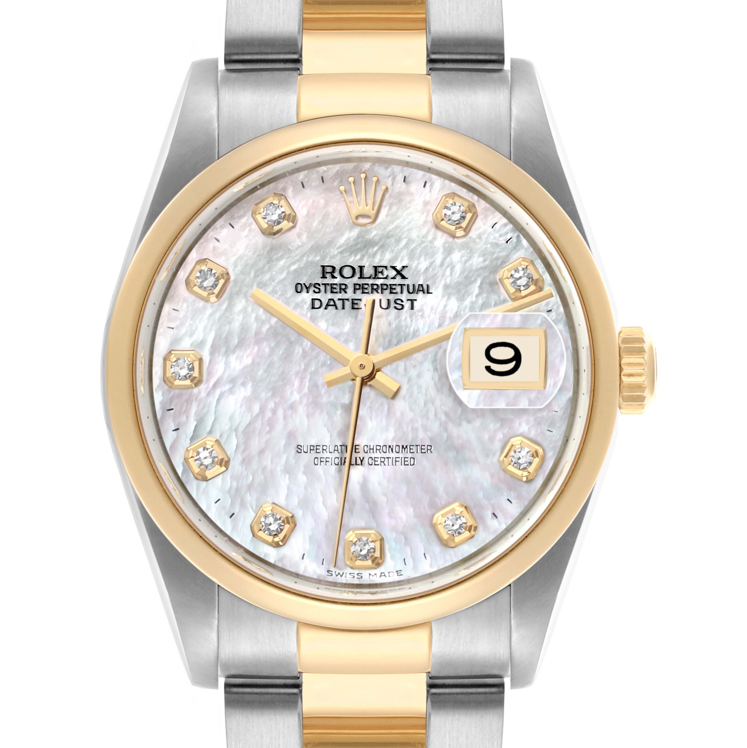 The Rolex Datejust 16203 Men's Steel and Gold (two tone) Mother of Pearl Dial 16203 Men's Steel and Gold (two tone) Mother of Pearl Dial watch is shown from the front, displaying the face, diamonds, date window, and part of the bracelet.