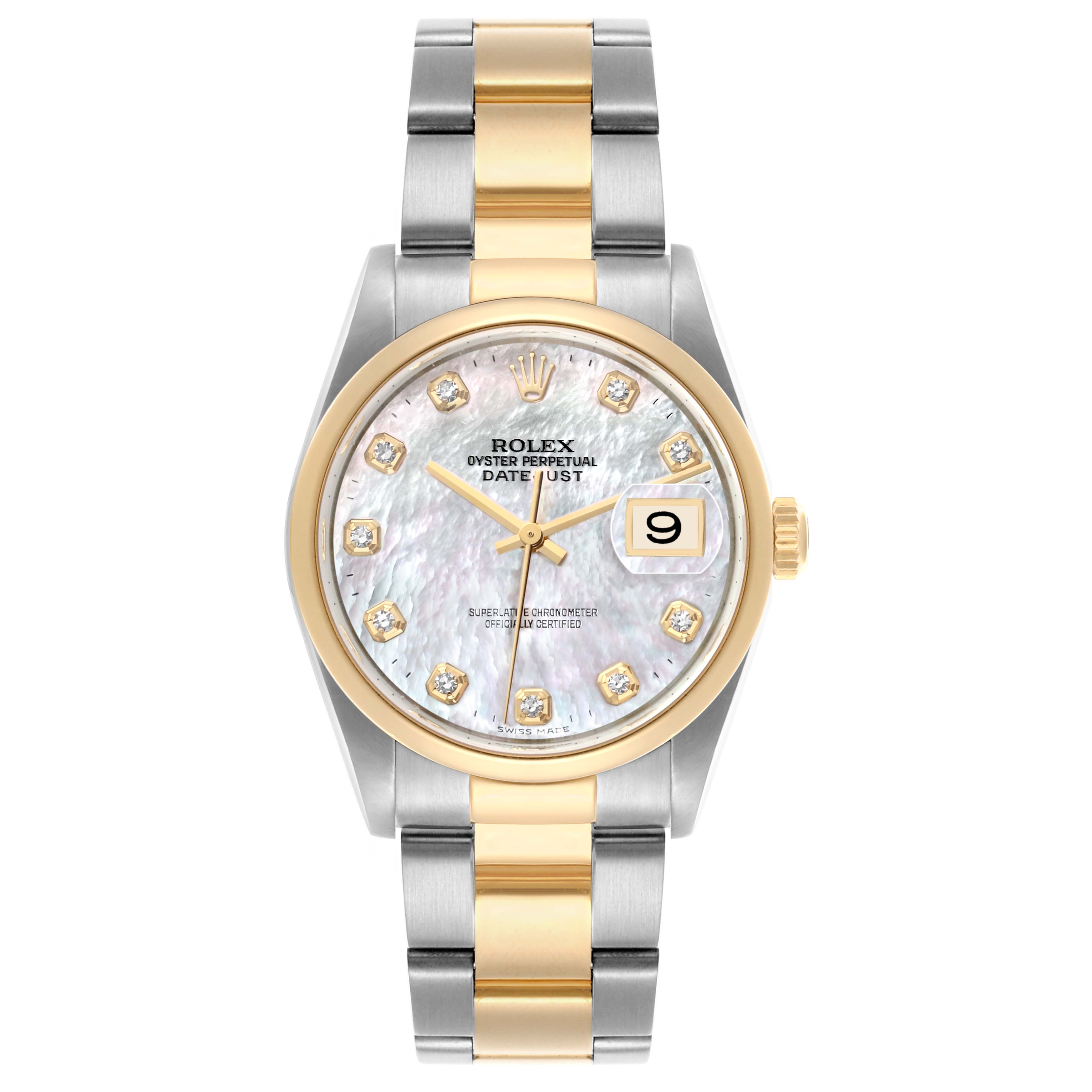 The Rolex Datejust 16203 Men's Steel and Gold (two tone) Mother of Pearl Dial 16203 Men's Steel and Gold (two tone) Mother of Pearl Dial is shown from a front angle, highlighting its dial, bezel, and oyster bracelet.