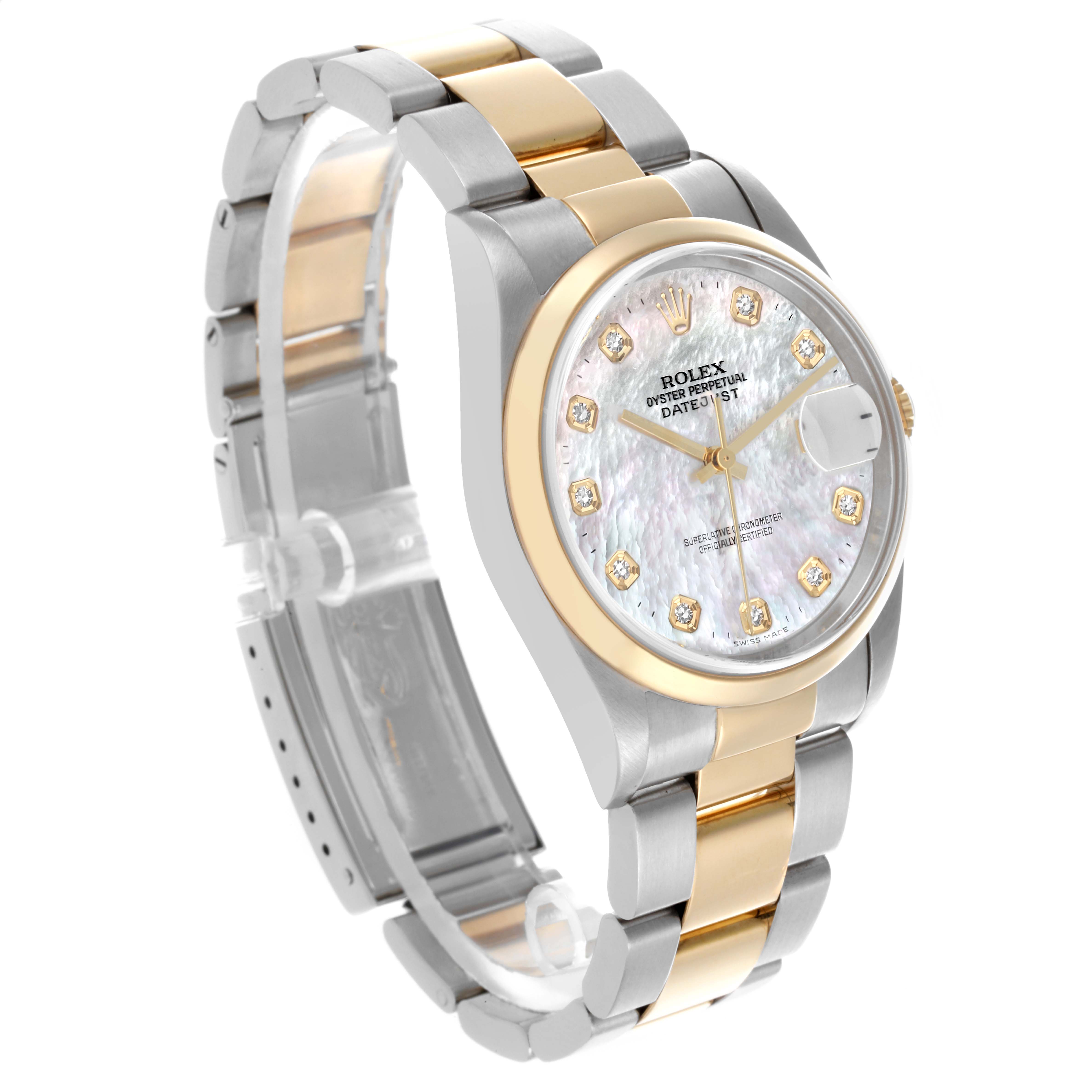The Rolex Datejust 16203 Men's Steel and Gold (two tone) Mother of Pearl Dial 16203 Men's Steel and Gold (two tone) Mother of Pearl Dial watch is shown at a three-quarter angle, displaying the face, bezel, and two-tone bracelet.