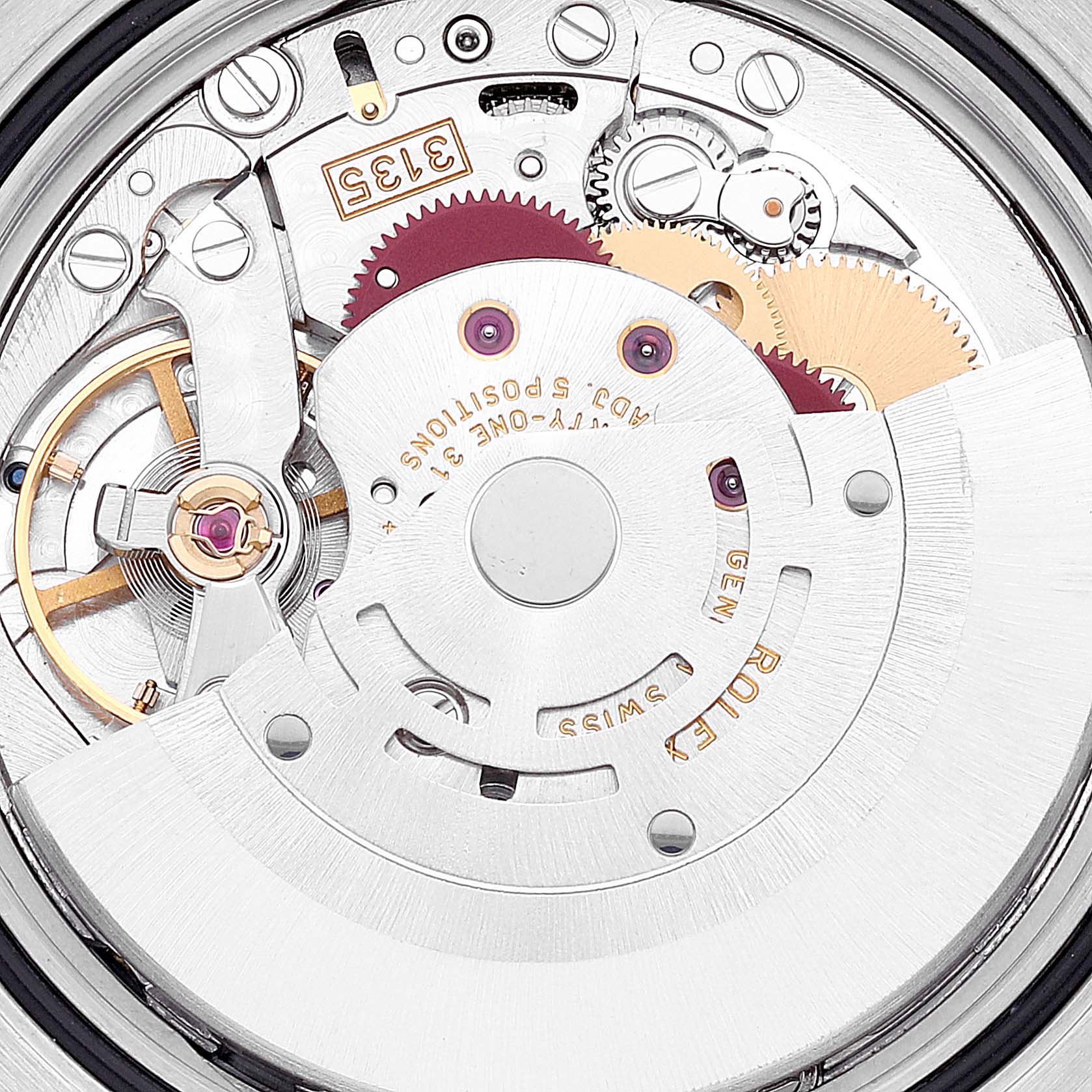 This image shows a close-up of the internal mechanism of a Rolex Turn-o-Graph 116263 Men
s Steel and Gold (two tone) White Dial 116263 Men
s Steel and Gold (two tone) White Dial watch, highlighting its gears and rotor.