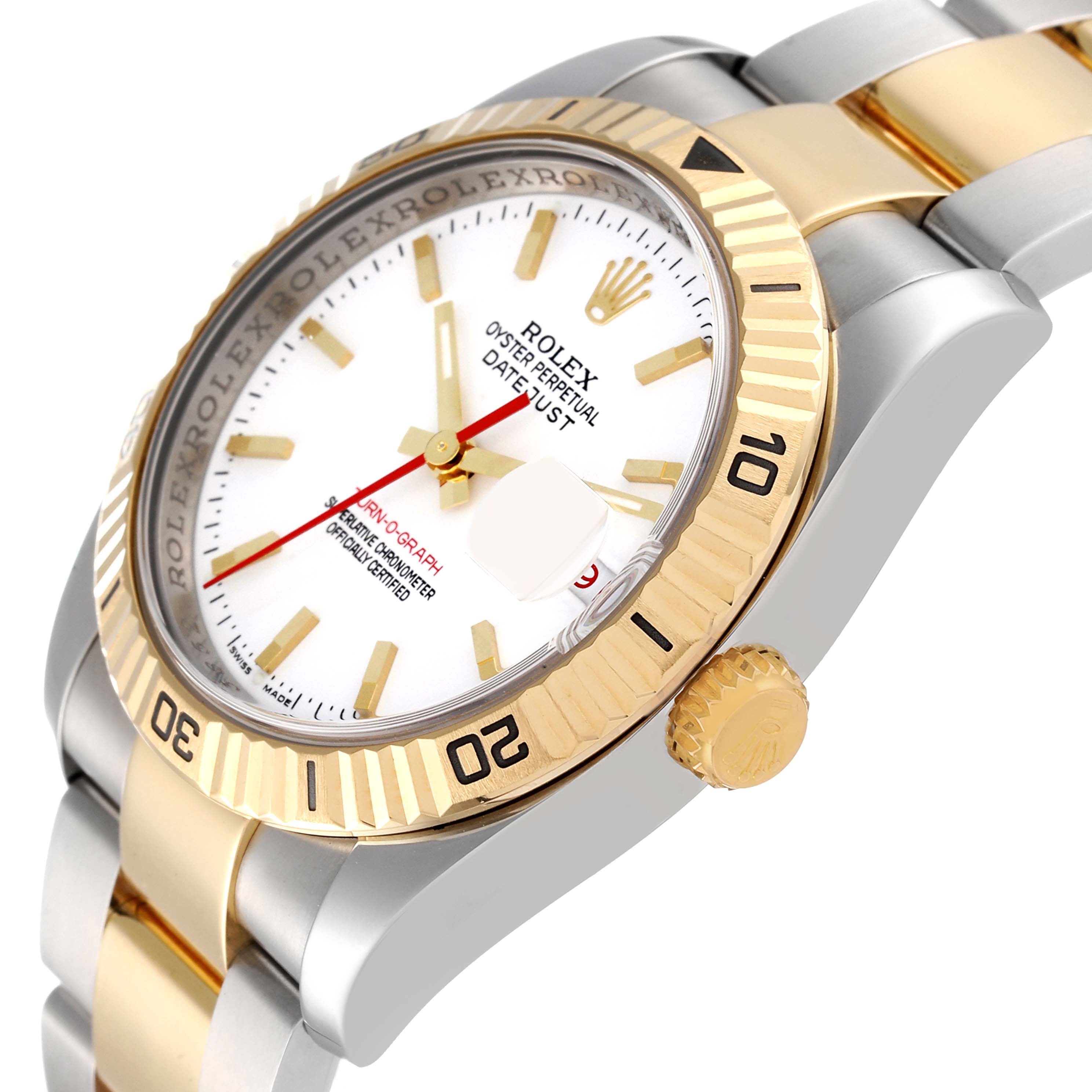 This image shows a Rolex Turn-o-Graph 116263 Men
s Steel and Gold (two tone) White Dial 116263 Men
s Steel and Gold (two tone) White Dial watch at an angled side view, highlighting the bezel, dial, and part of the bracelet.