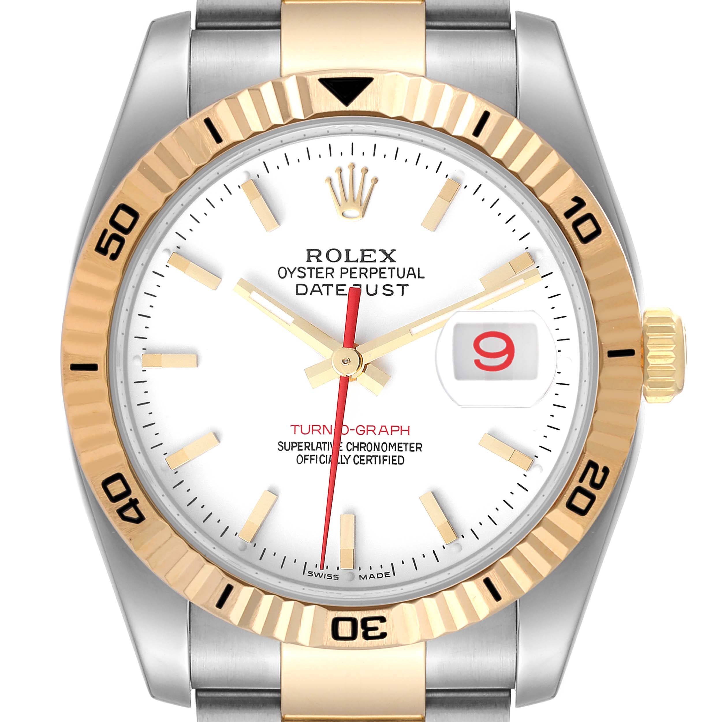 This image shows a front view of the Rolex Turn-o-Graph 116263 Men
s Steel and Gold (two tone) White Dial 116263 Men
s Steel and Gold (two tone) White Dial watch, highlighting the dial, bezel, hands, and date window.