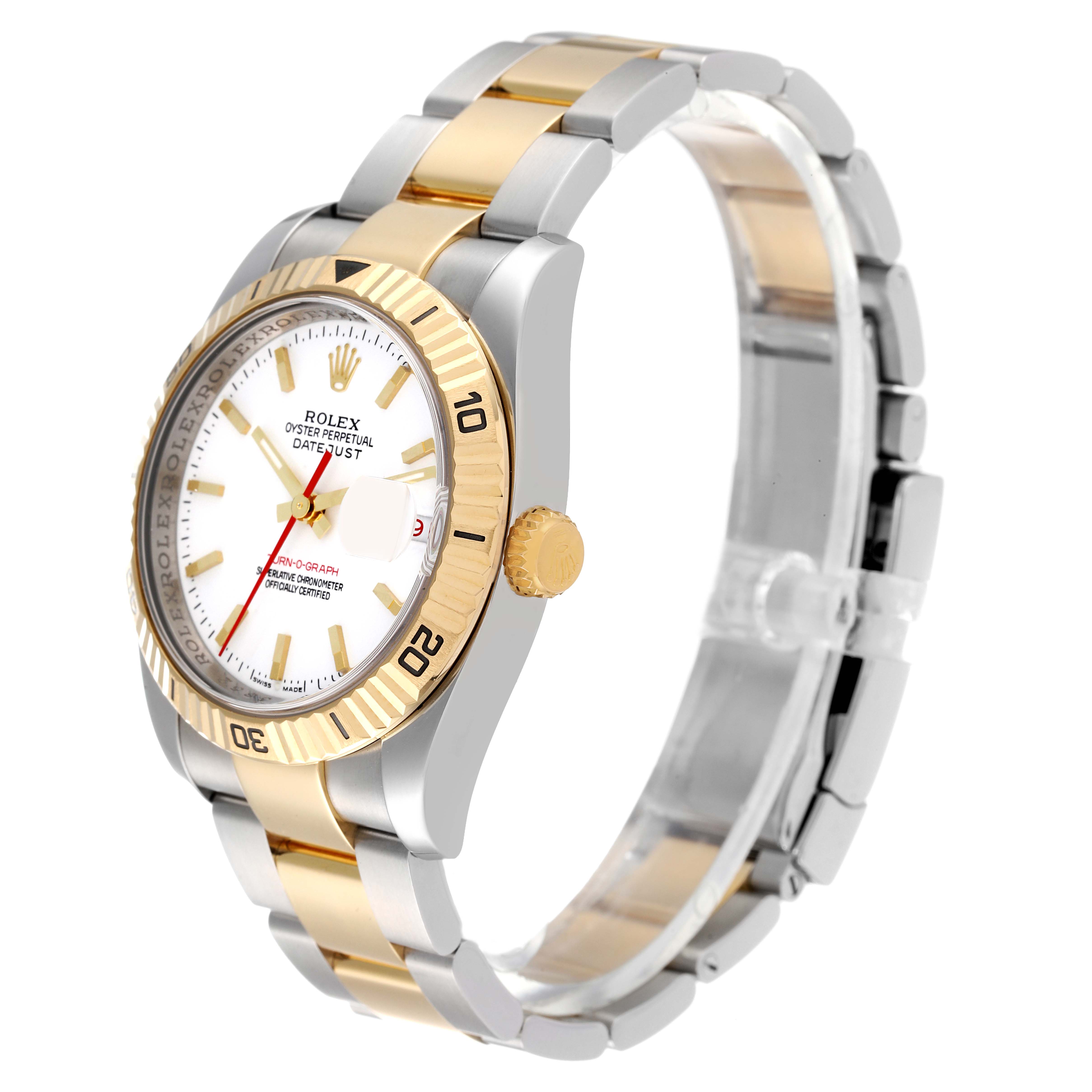 The image shows a side view of a Rolex Turn-o-Graph 116263 Men
s Steel and Gold (two tone) White Dial 116263 Men
s Steel and Gold (two tone) White Dial watch, highlighting its bezel, dial, and bracelet.